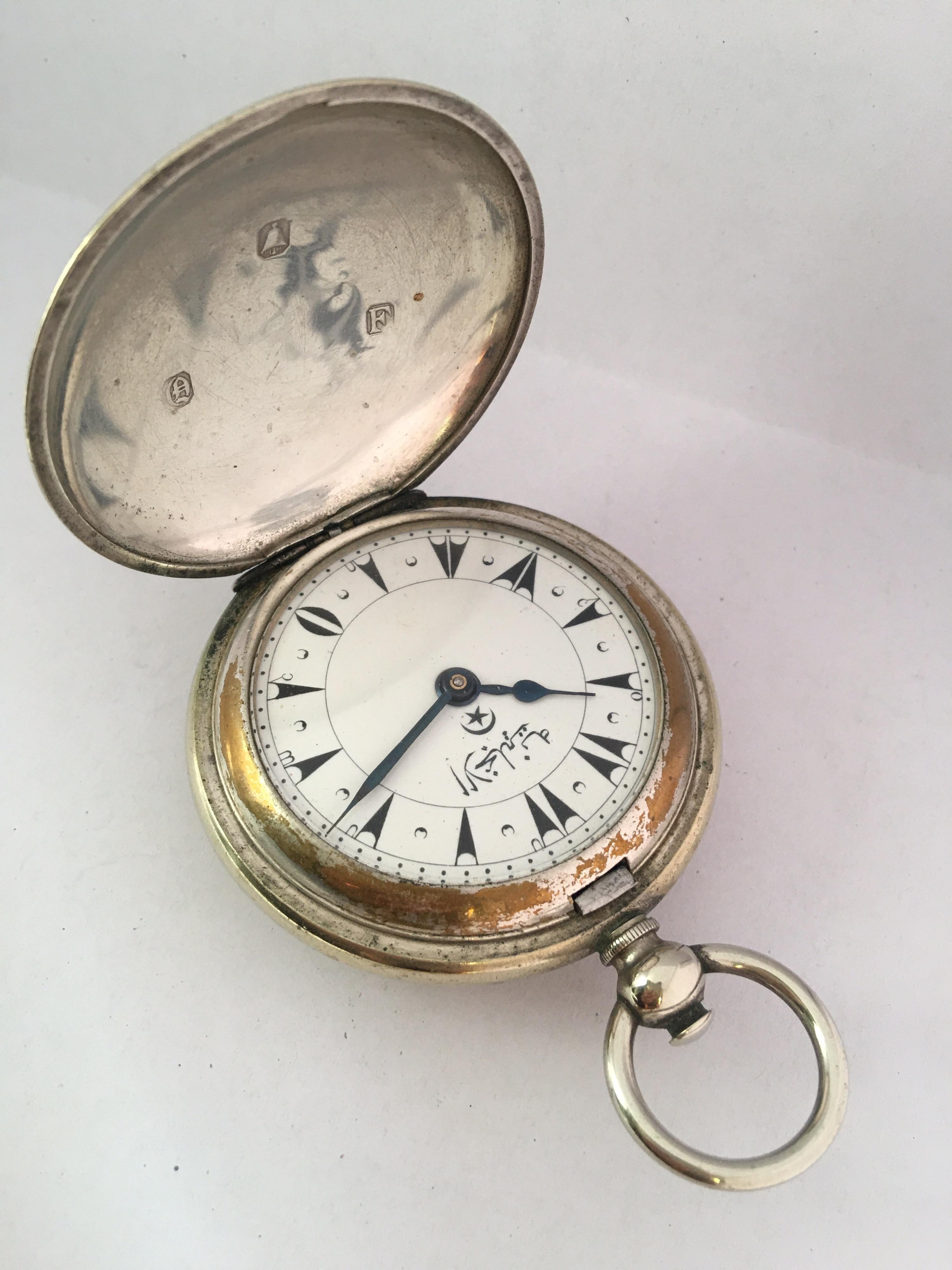 Antique Full Hunter Engine Turned Nickel Cased Turkish Market Pocket Watch For Sale 9