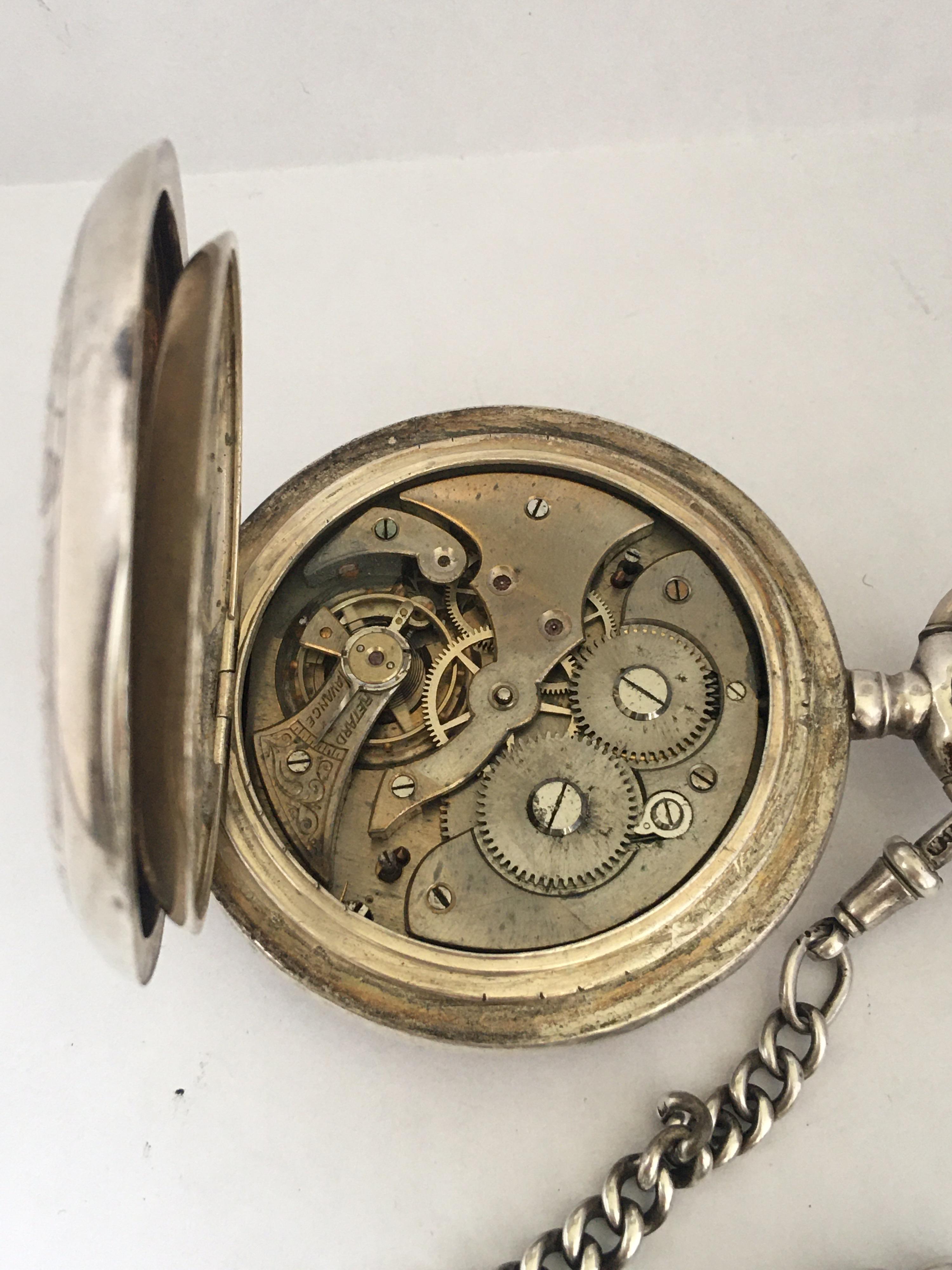 Antique Full Hunter Engraved Silver Pocket Watch Signed Udovic Watch Co. 3