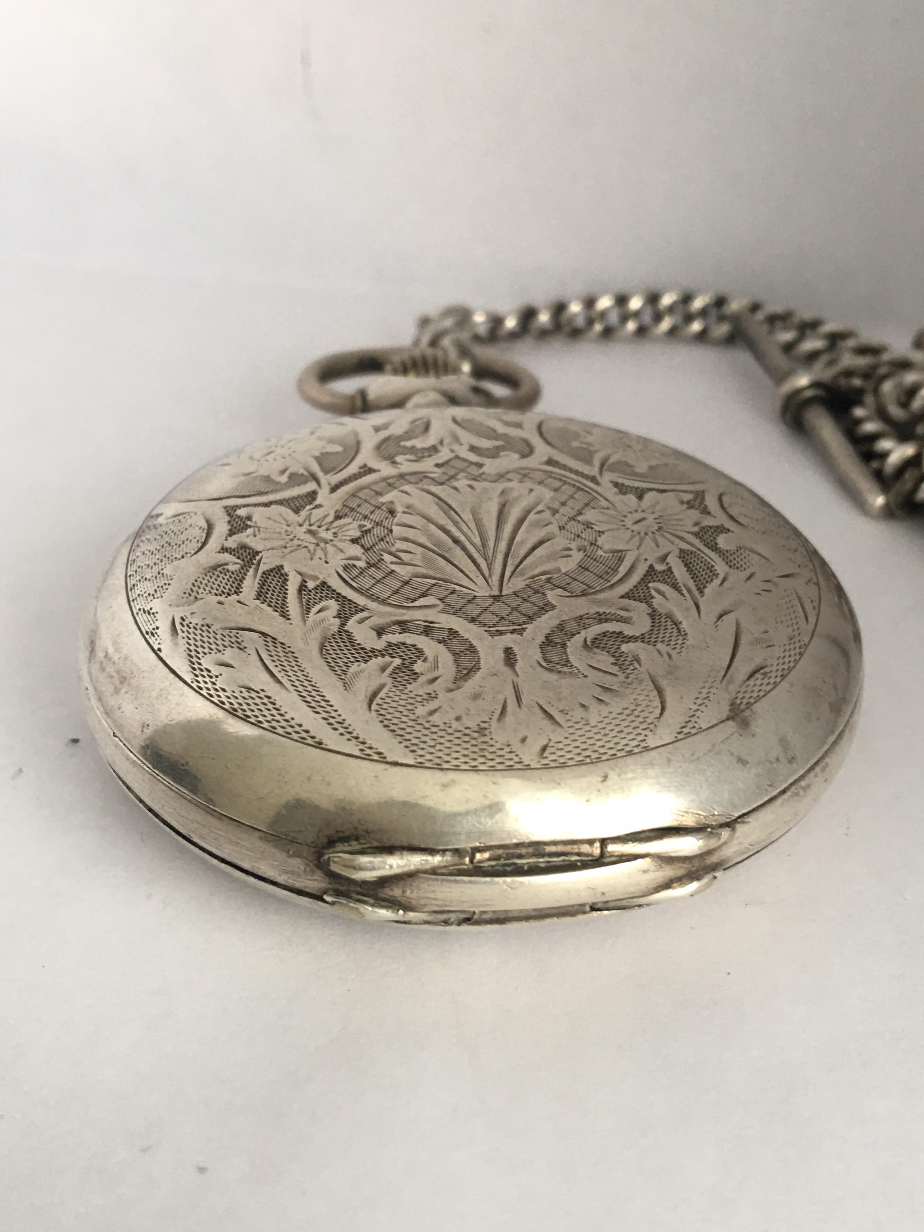 Antique Full Hunter Engraved Silver Pocket Watch Signed Udovic Watch Co. 6