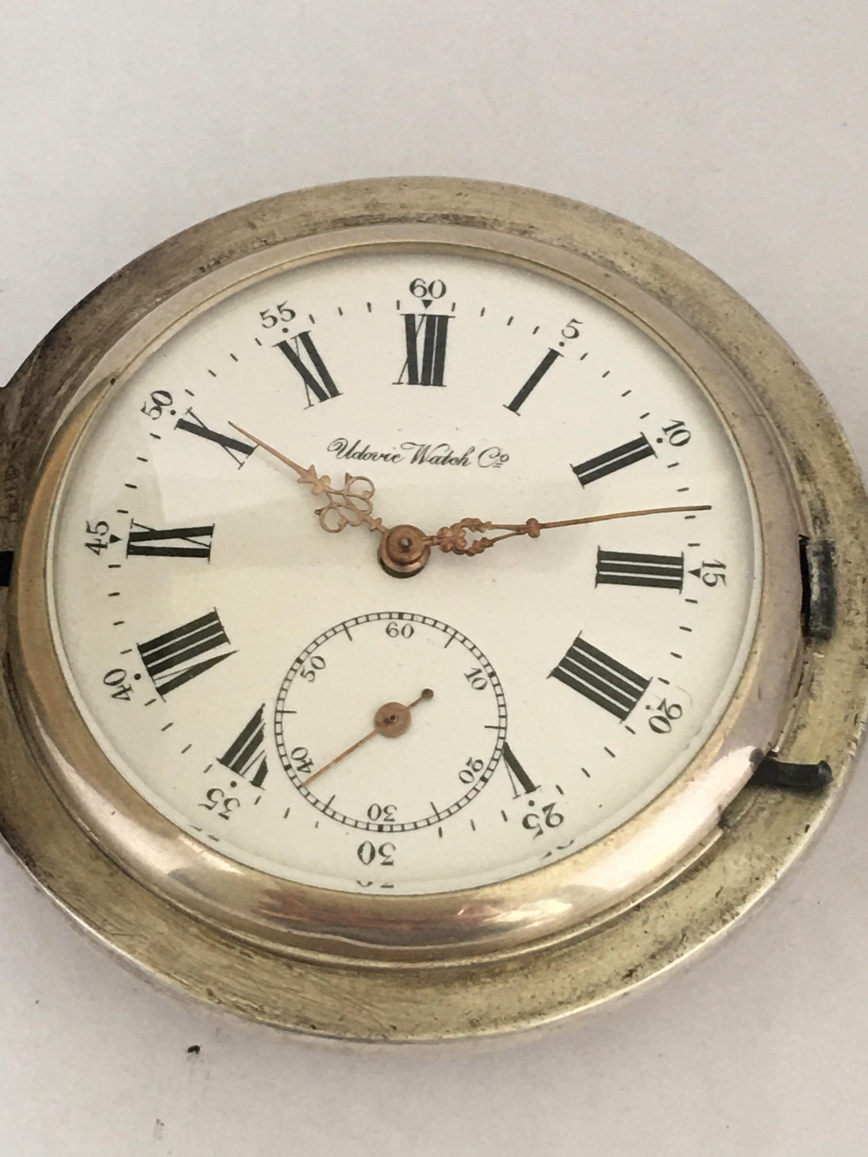 Antique Full Hunter Engraved Silver Pocket Watch Signed Udovic Watch Co. 7