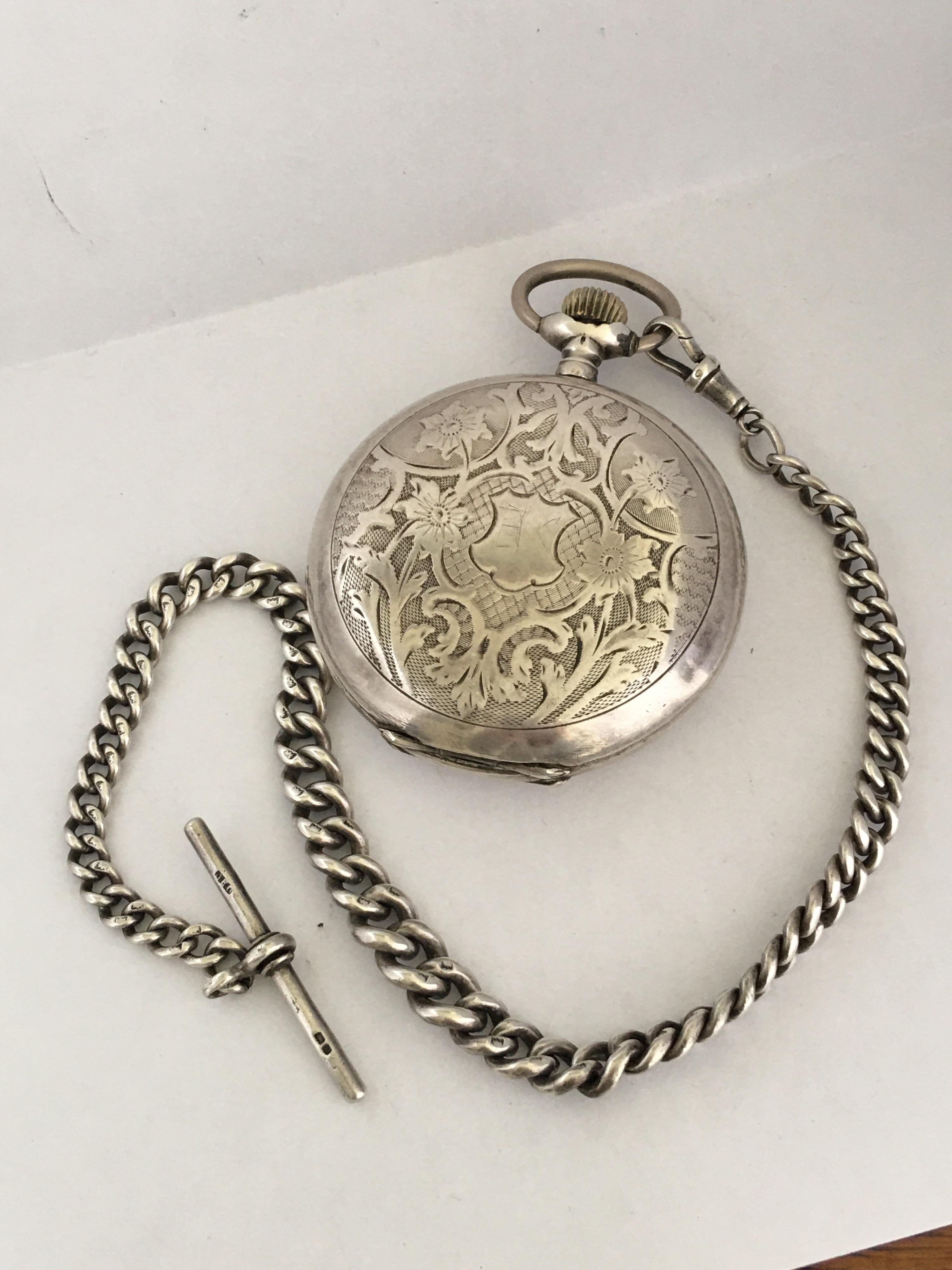 Antique Full Hunter Engraved Silver Pocket Watch Signed Udovic Watch Co. 9