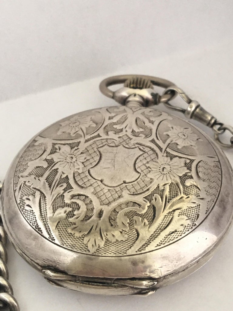 Antique Full Hunter Engraved Silver Pocket Watch Signed Udovic Watch Co