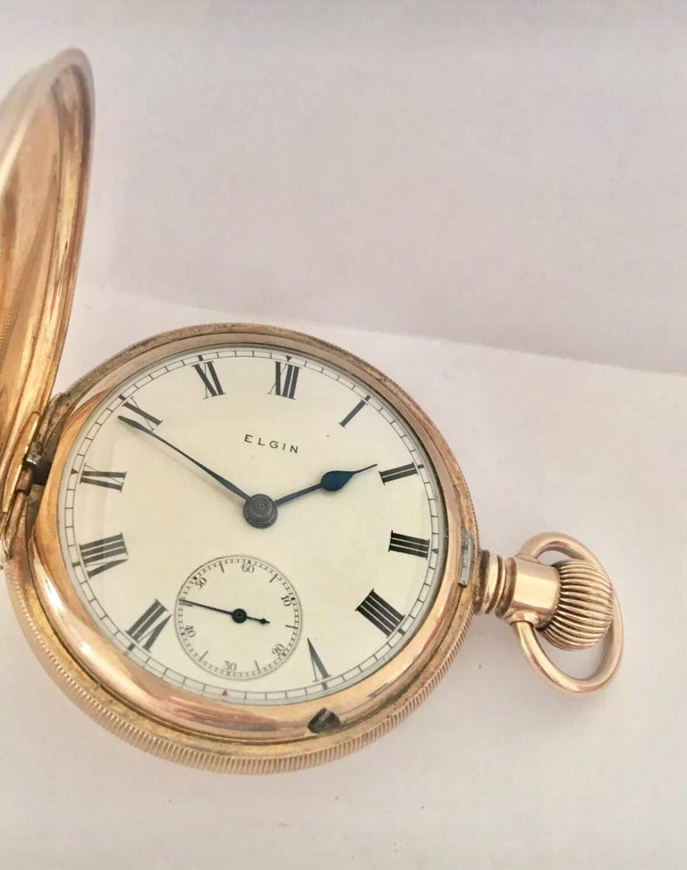 Antique Full Hunter GoldPlated Engine Turned Case Elgin Pocket Watch