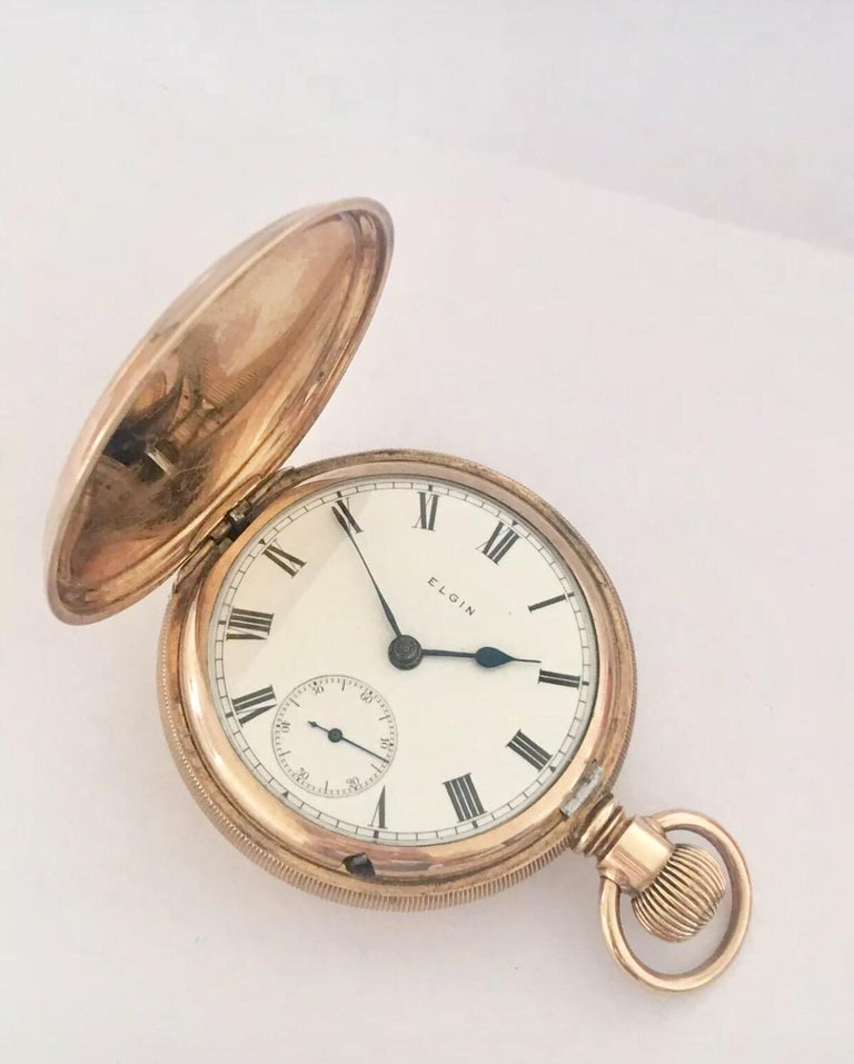 Antique Full Hunter GoldPlated Engine Turned Case Elgin Pocket Watch