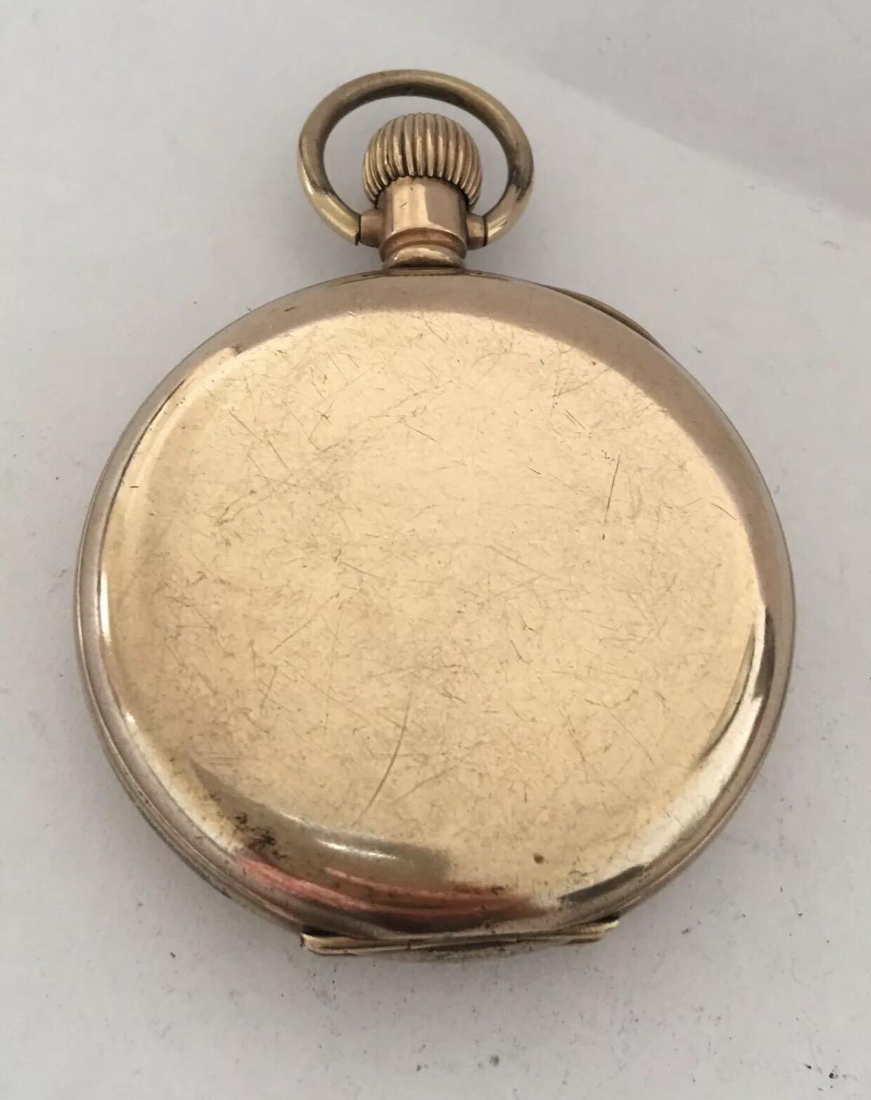 Antique Full Hunter Gold Plated Waltham Pocket Watch.

This watch is working and is running well. Front case cover is tarnished as shown on the photo. Glass and Bessel missing. Visible scratches on the dust cover as shown.

Please study the images