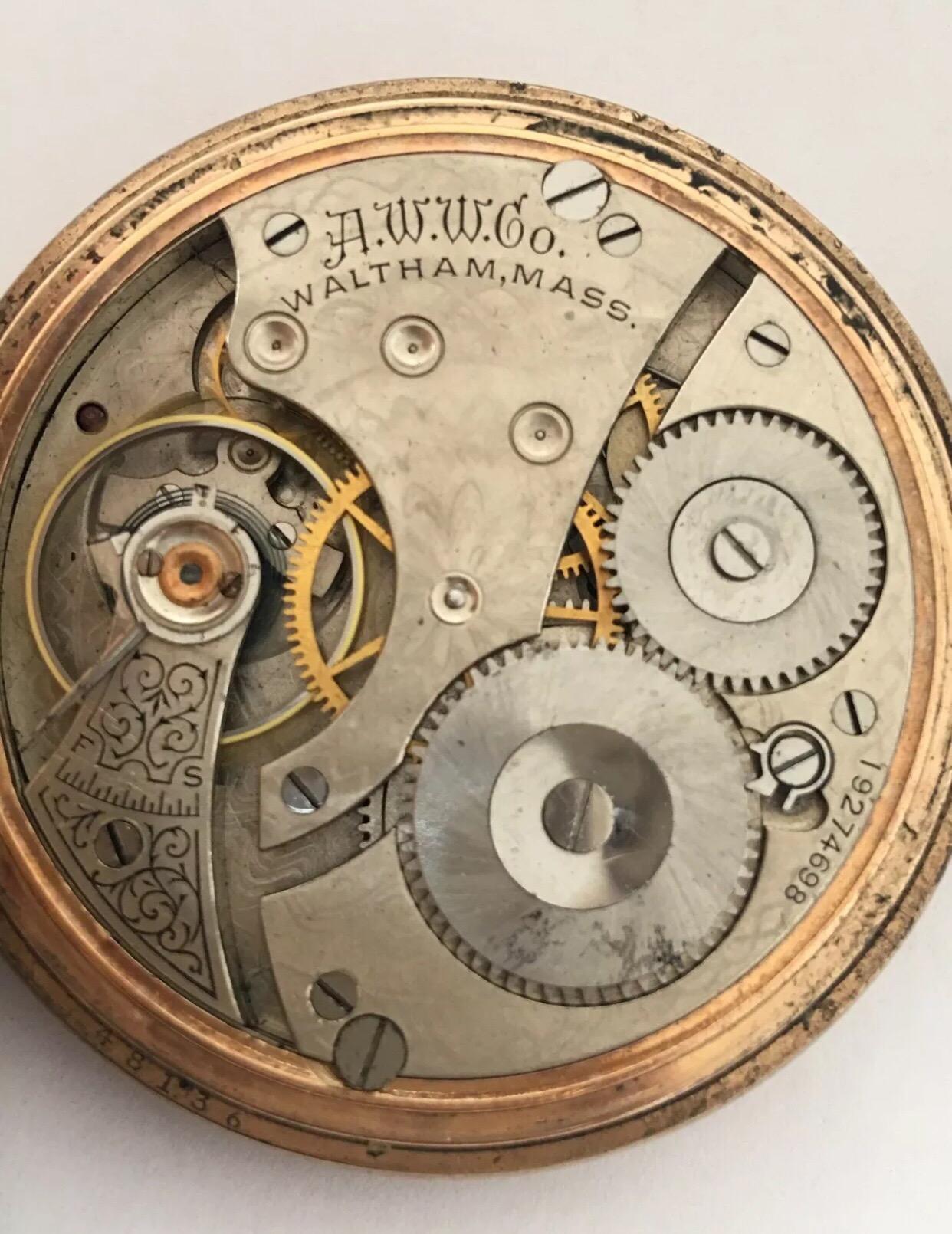 Women's or Men's Antique Full Hunter Gold-Plated Waltham Pocket Watch