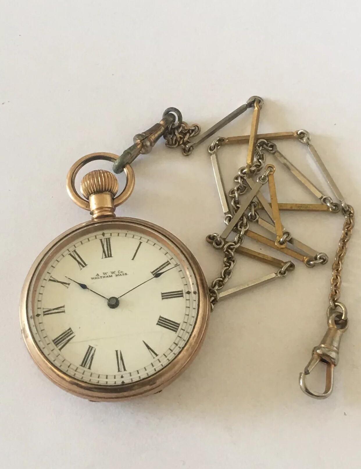 
Antique hand wind Full Hunter Royal A.W.W. Co. Waltham, Mass Gold Plated Pocket Watch.


This watch is working and ticking nicely.