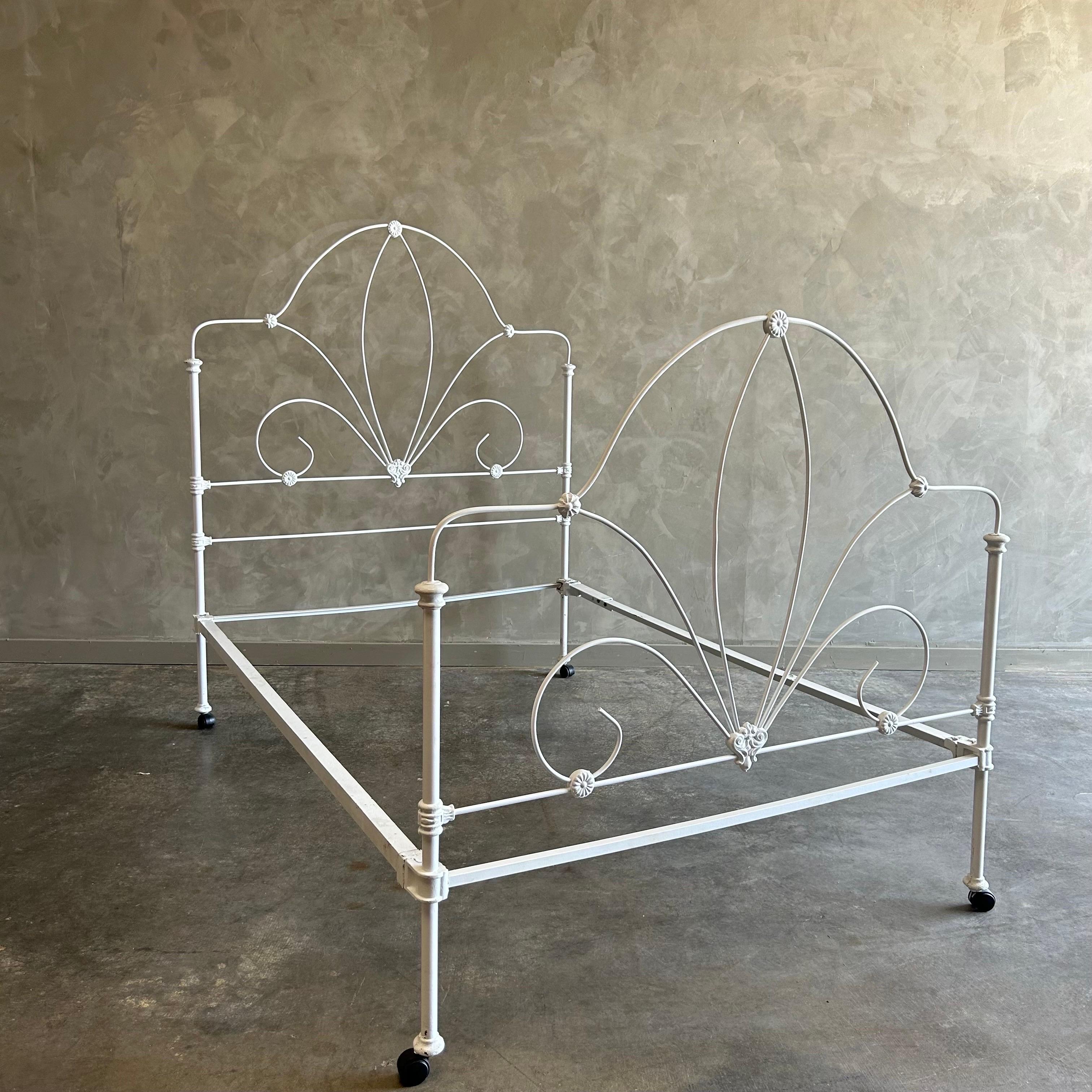 Antique Full Size Iron Bed in White with Removable Wheels For Sale 3