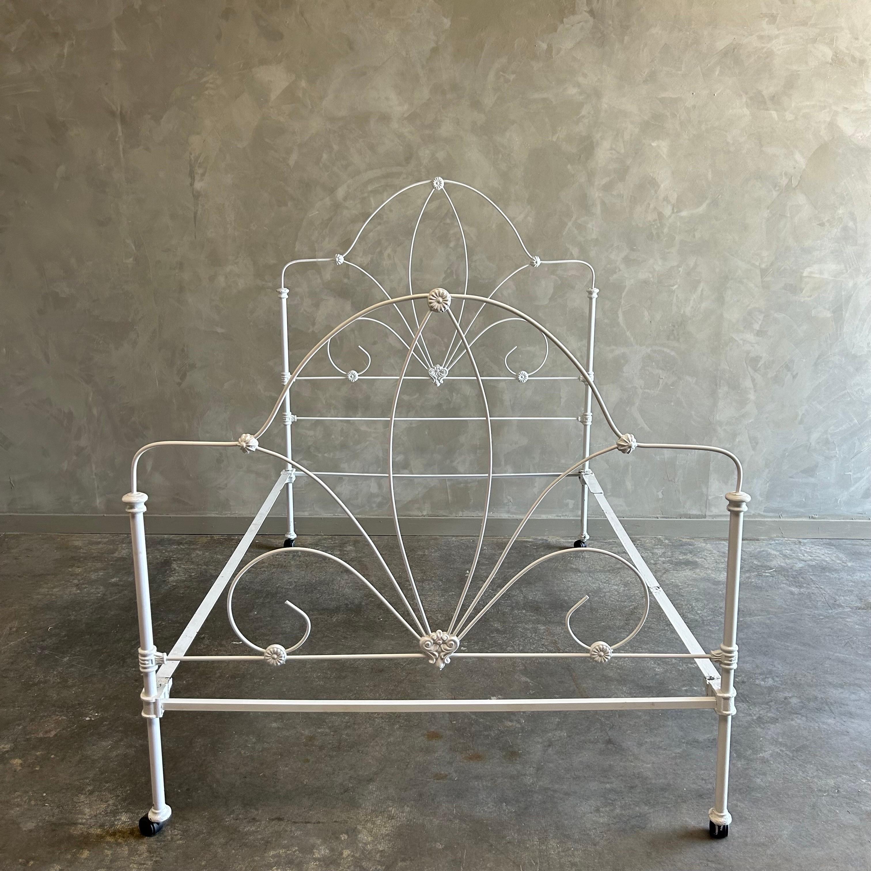 Antique Full Size Iron Bed in White with Removable Wheels For Sale 1