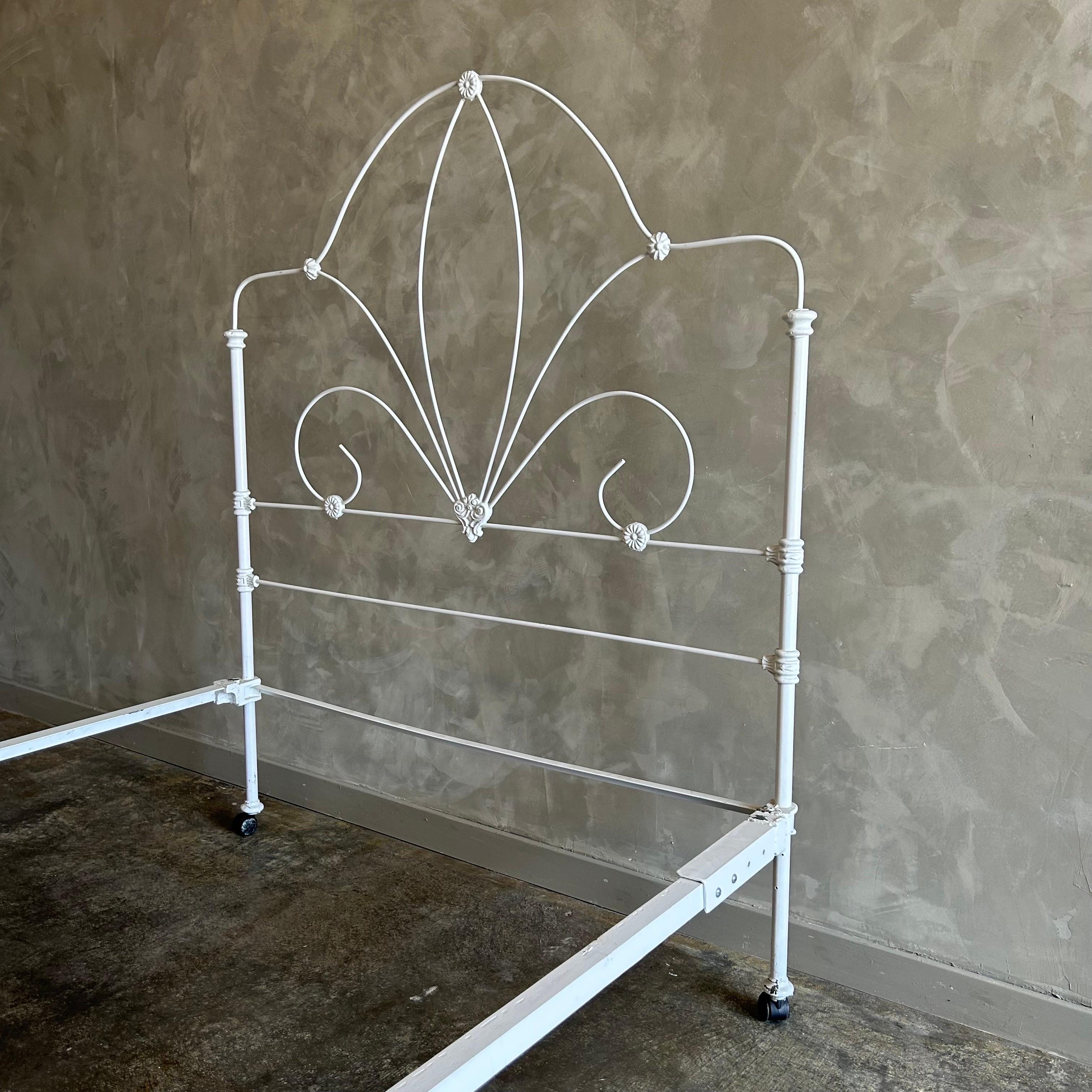 Antique Full Size Iron Bed in White with Removable Wheels For Sale 1