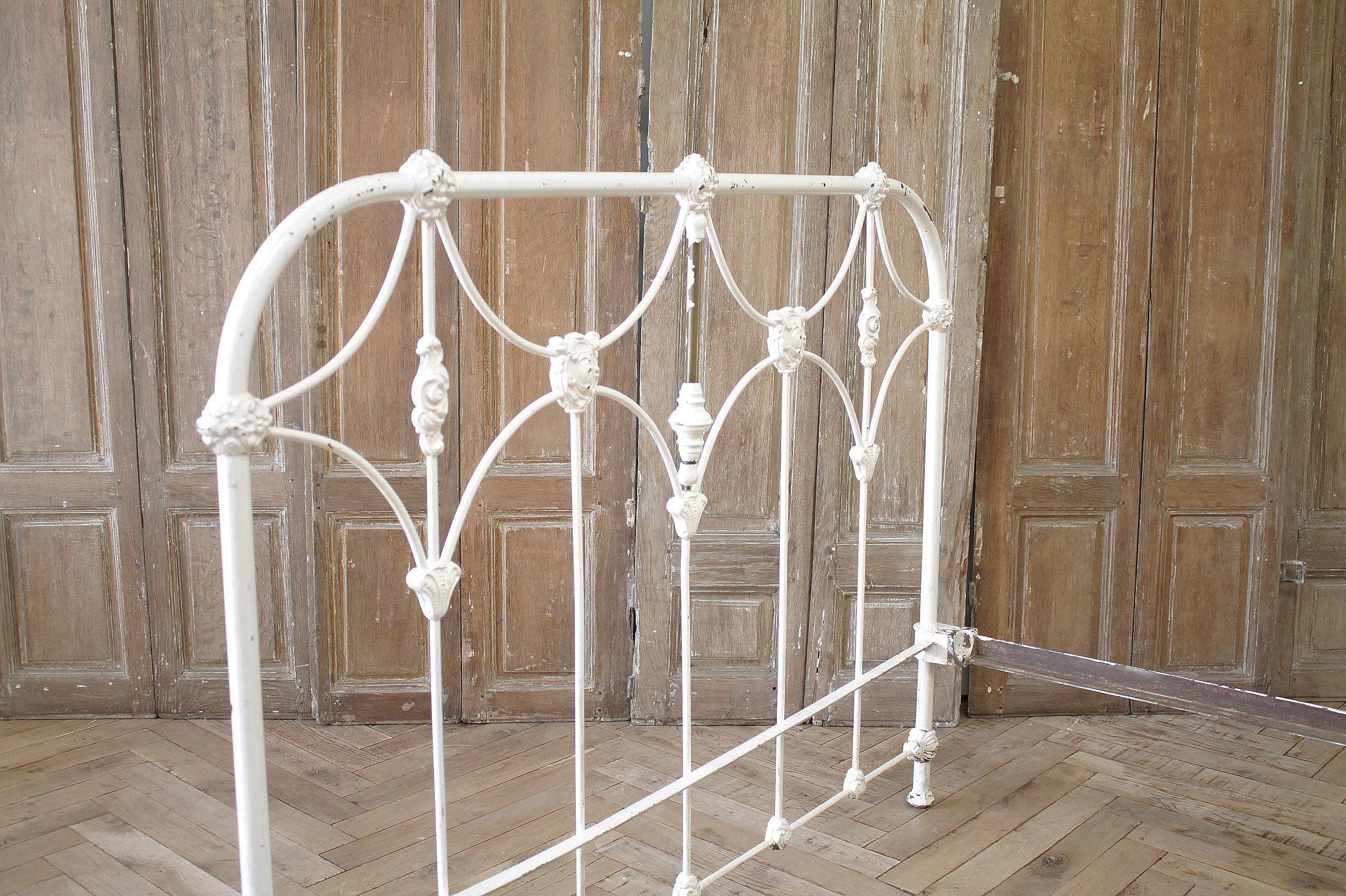 Antique Full Size White Painted Iron Bed with Brass Accents 7