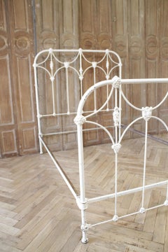 Antique Full Size White Painted Iron Bed with Brass Accents
