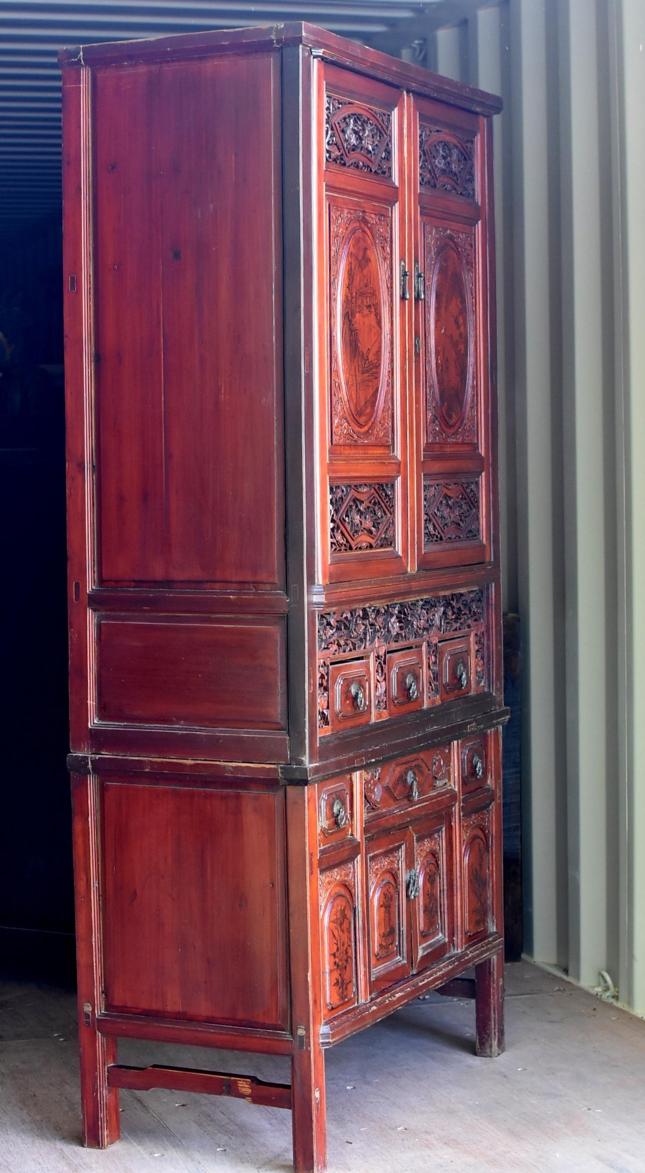 Chinese Antique Fully Carved Scholar's Cabinet For Sale