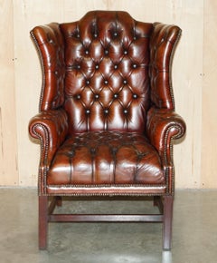 ANTIQUE FULLY RESTORED BORDEAUX LEATHER TUFTED CHESTERFIELD WiNGBACK ARMCHAIR