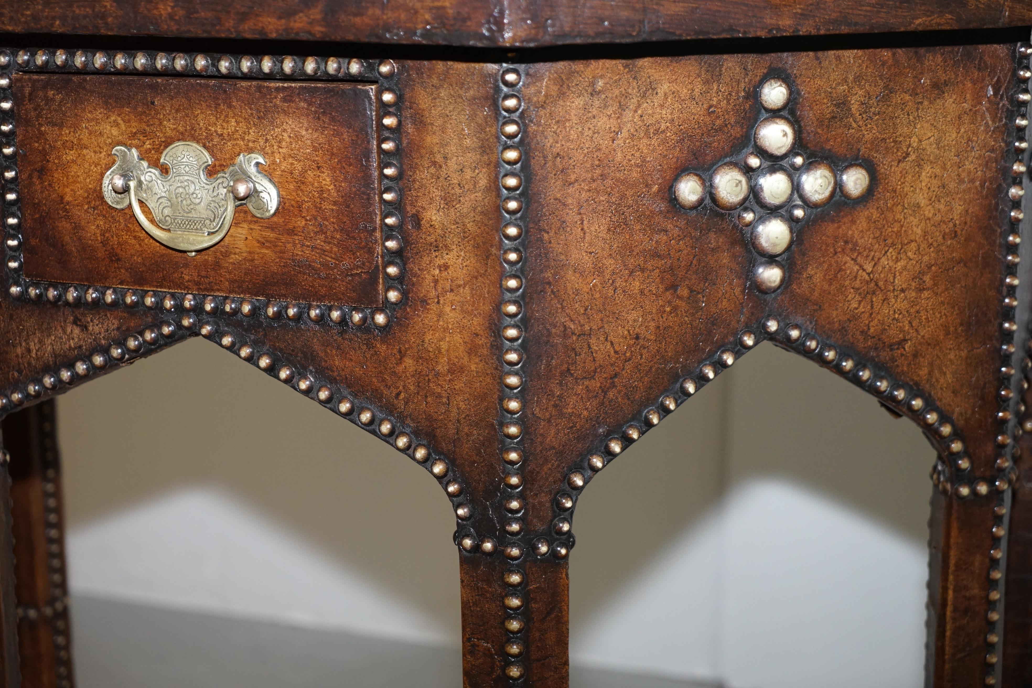 Antique Fully Restored Gothic Pugin Style Brown Leather Studded Console Table For Sale 2