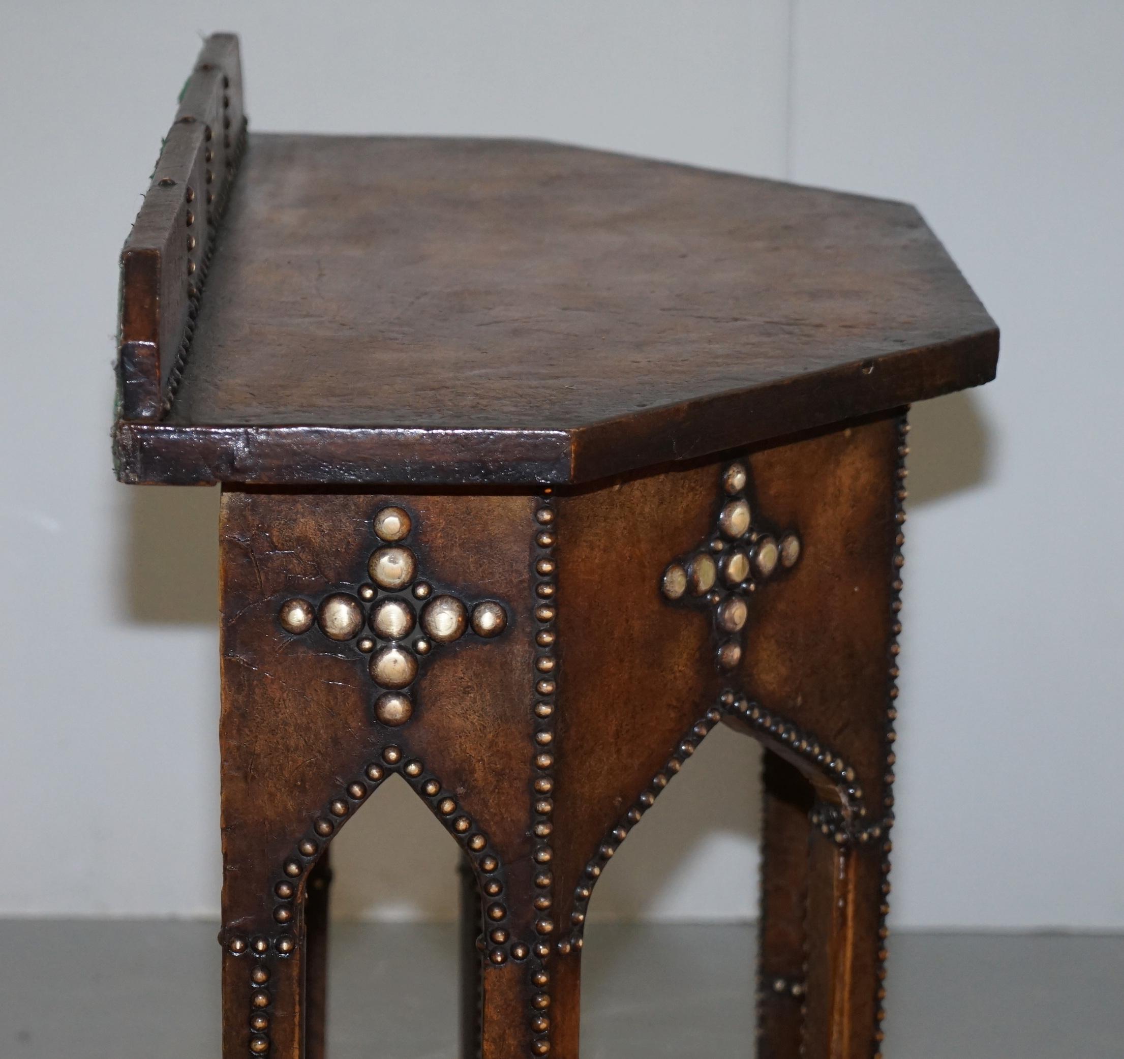 Antique Fully Restored Gothic Pugin Style Brown Leather Studded Console Table For Sale 5