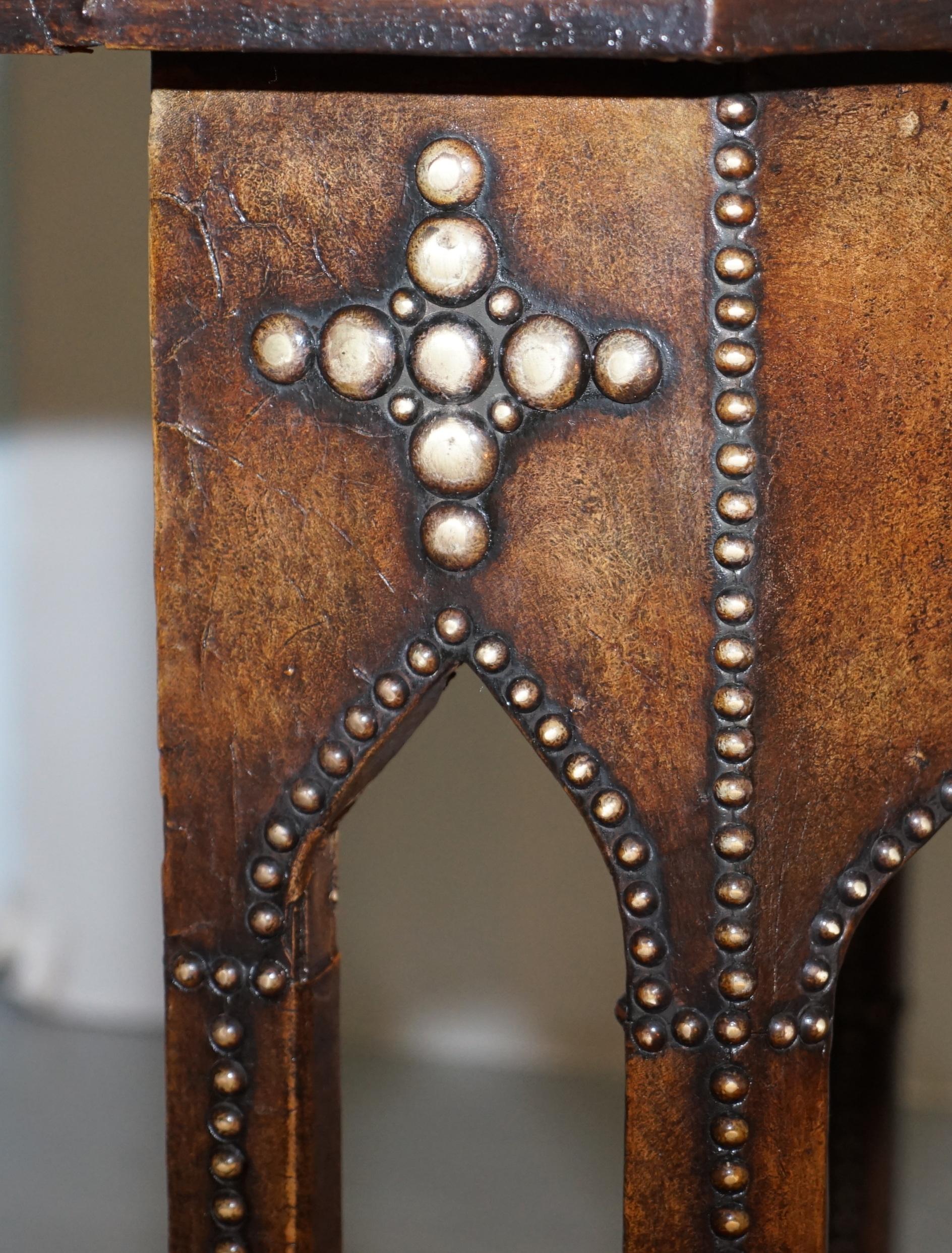 Antique Fully Restored Gothic Pugin Style Brown Leather Studded Console Table For Sale 6