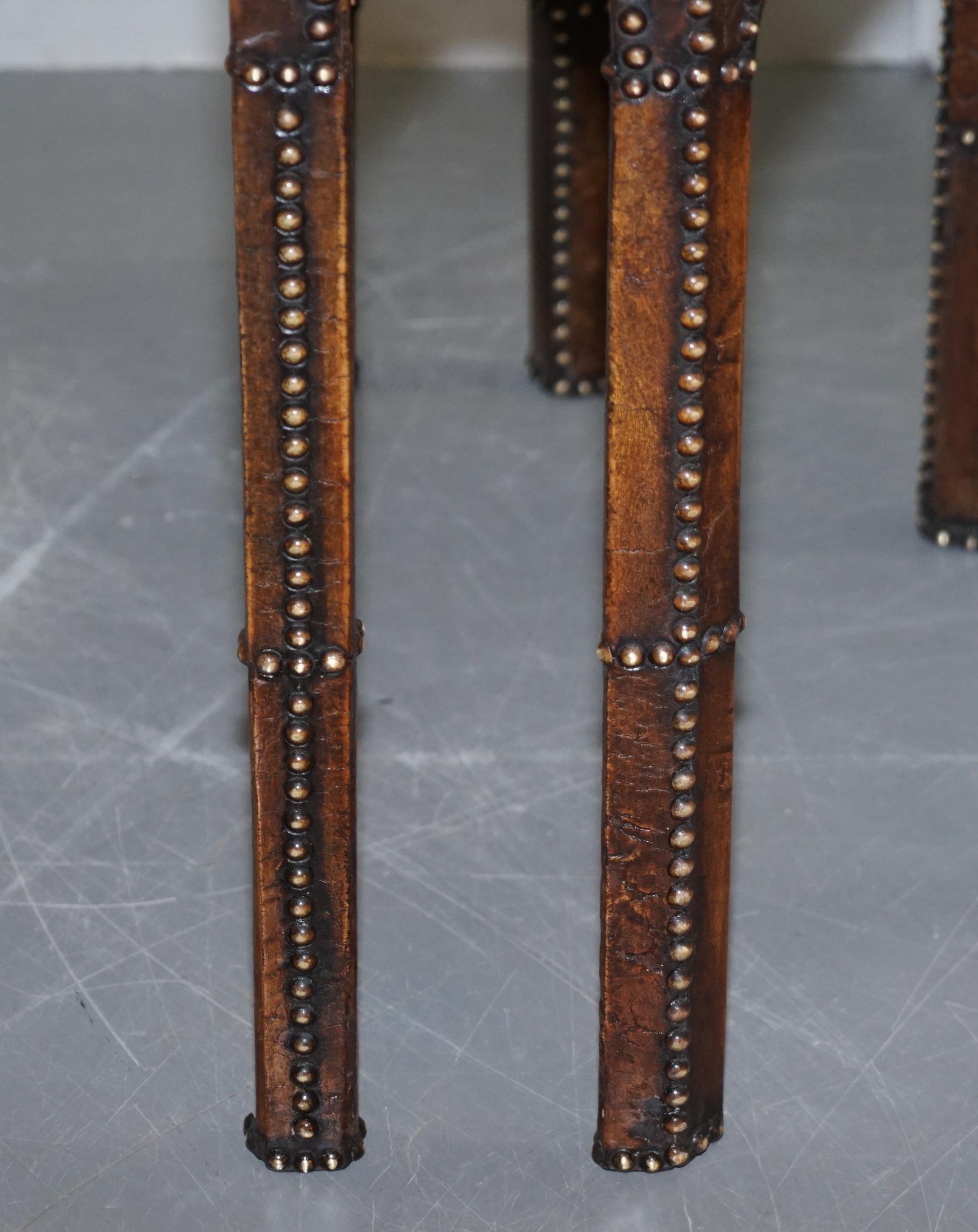 Antique Fully Restored Gothic Pugin Style Brown Leather Studded Console Table For Sale 7
