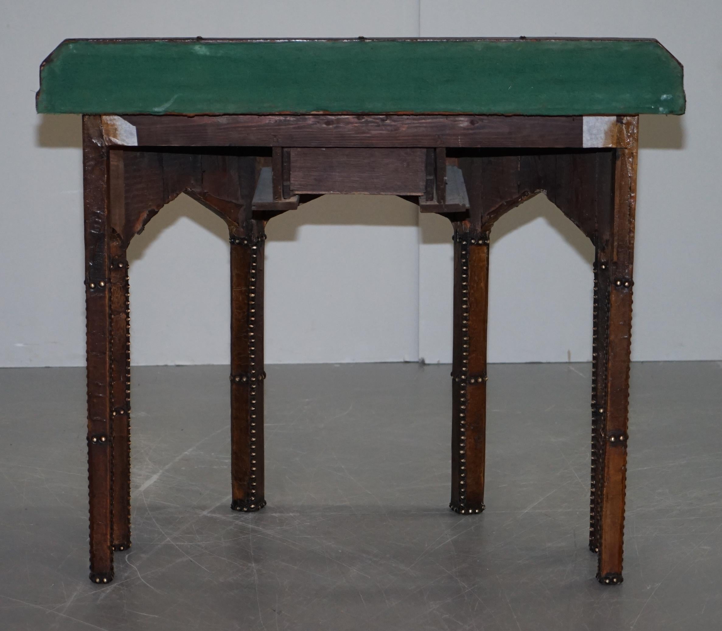 Antique Fully Restored Gothic Pugin Style Brown Leather Studded Console Table For Sale 8