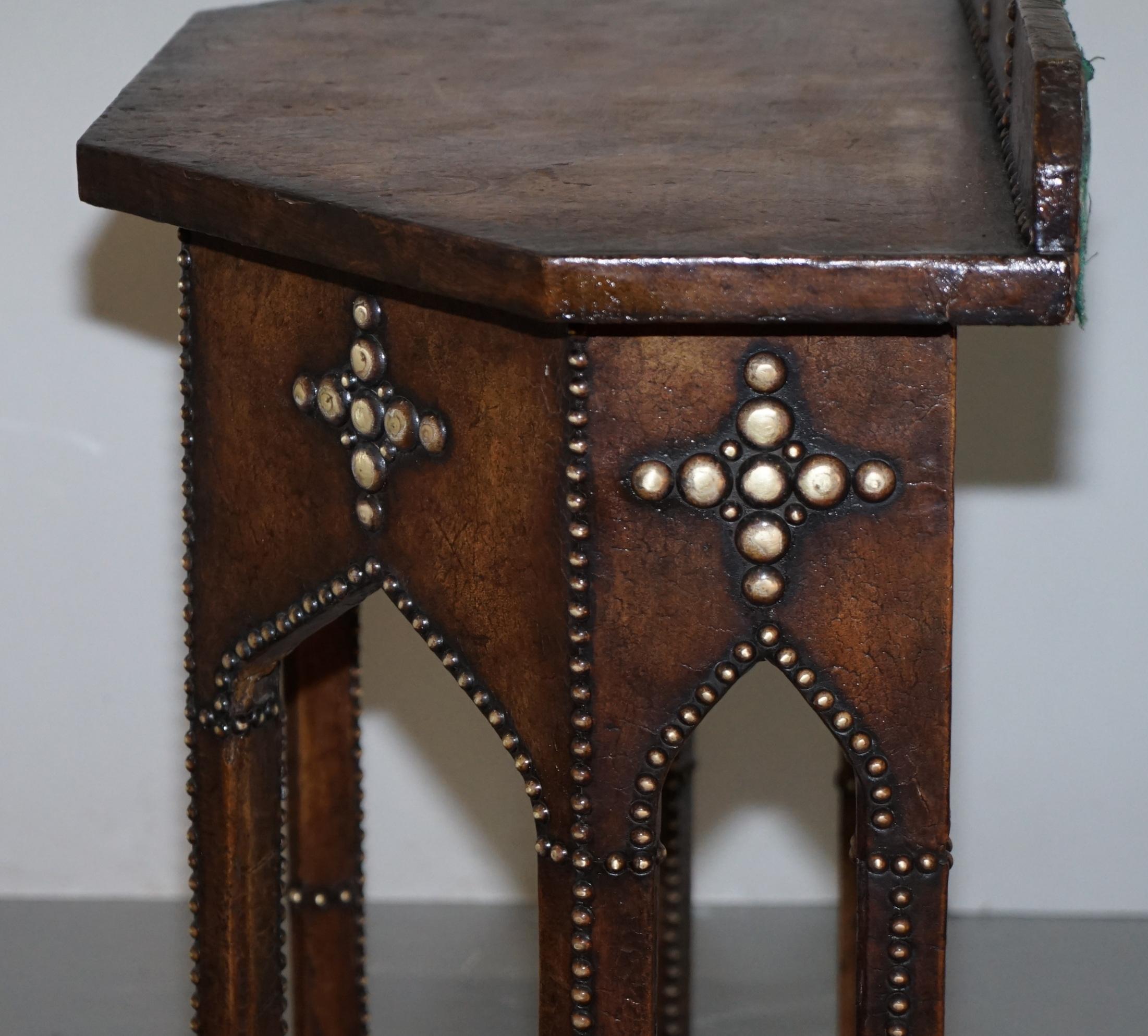 Antique Fully Restored Gothic Pugin Style Brown Leather Studded Console Table For Sale 9