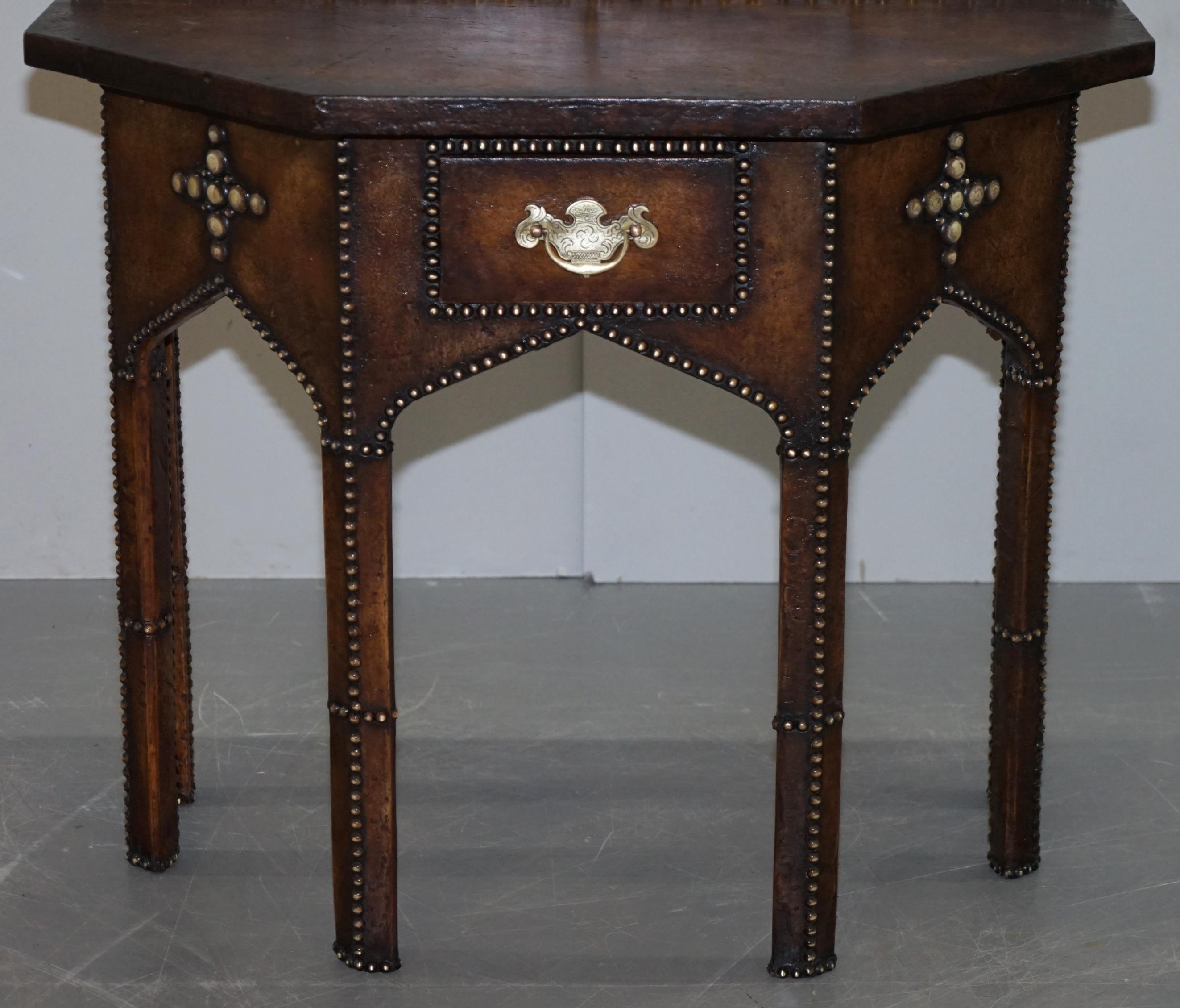 Hand-Crafted Antique Fully Restored Gothic Pugin Style Brown Leather Studded Console Table For Sale