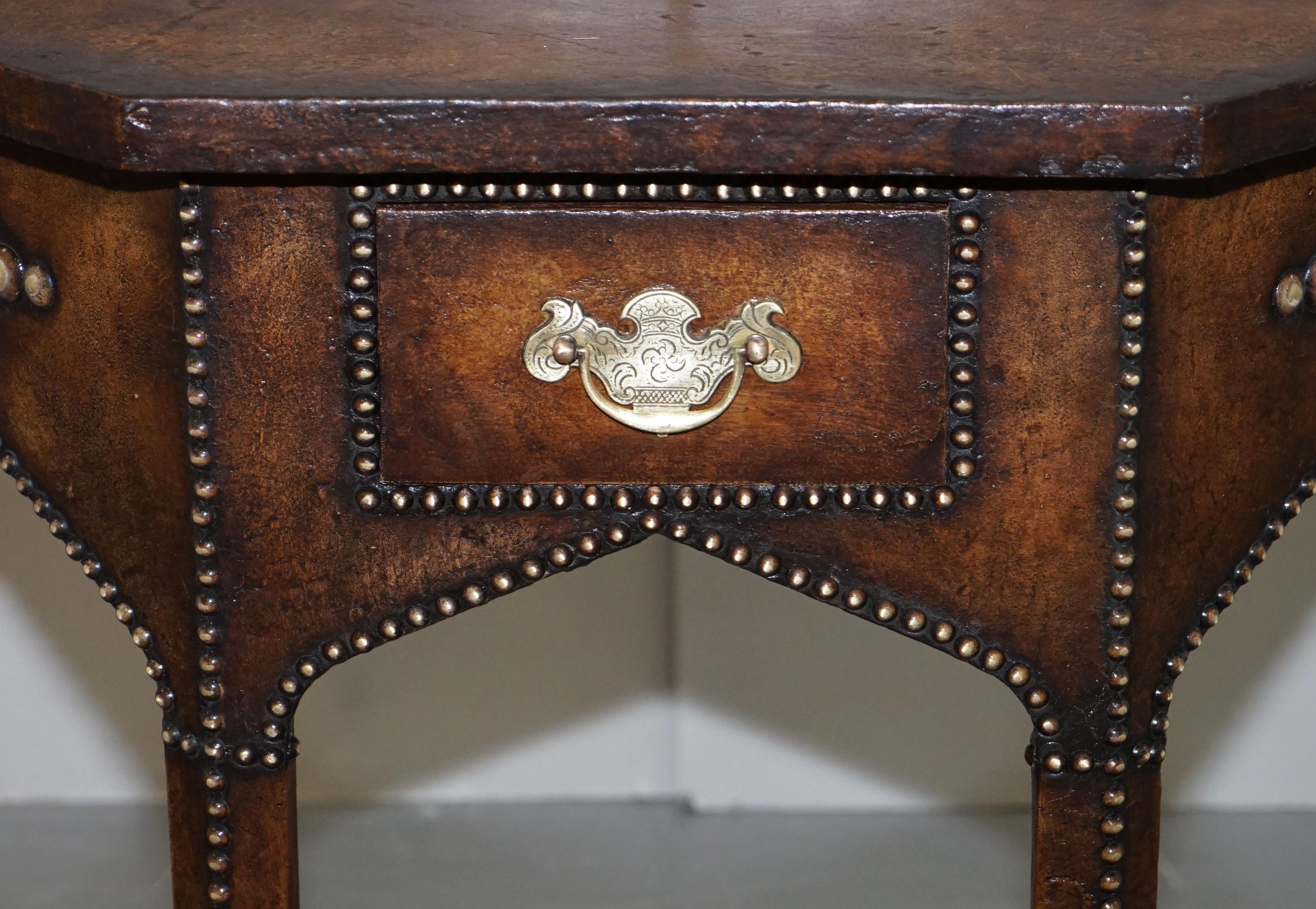 Mid-19th Century Antique Fully Restored Gothic Pugin Style Brown Leather Studded Console Table For Sale