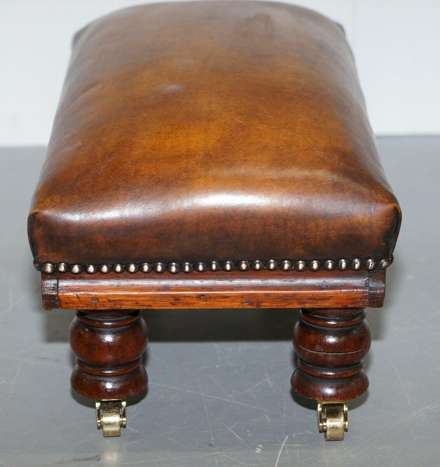 Antique Fully Restored Hand Dyed Whisky Brown Leather Footstool Brass Castors 2