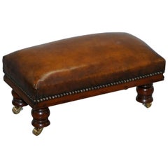 Antique Fully Restored Hand Dyed Whisky Brown Leather Footstool Brass Castors