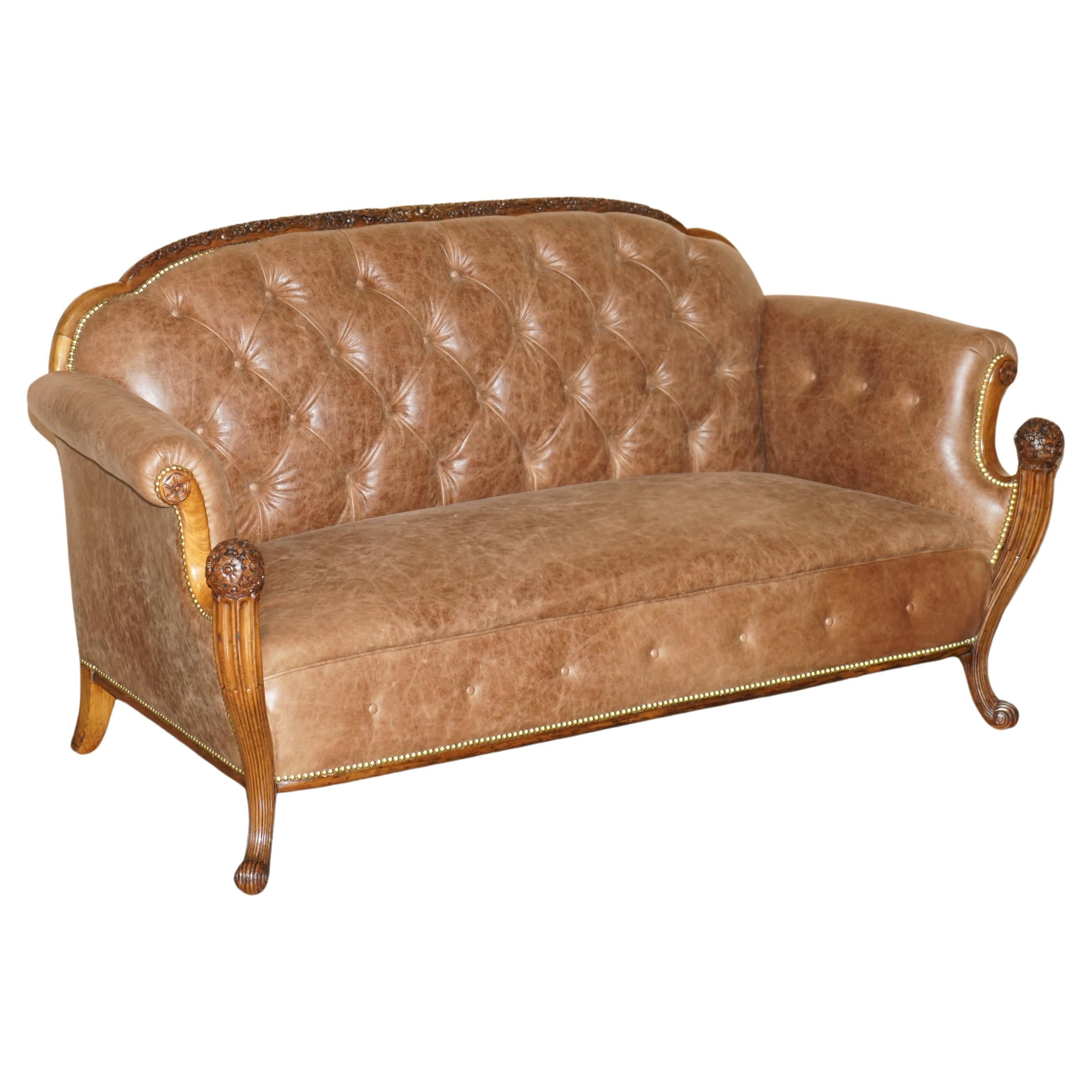 ANTIQUE FULLY RESTORED REGENCY 1810 CHESTERFiELD SOFA BROWN LEATHER CARVED FRAME For Sale