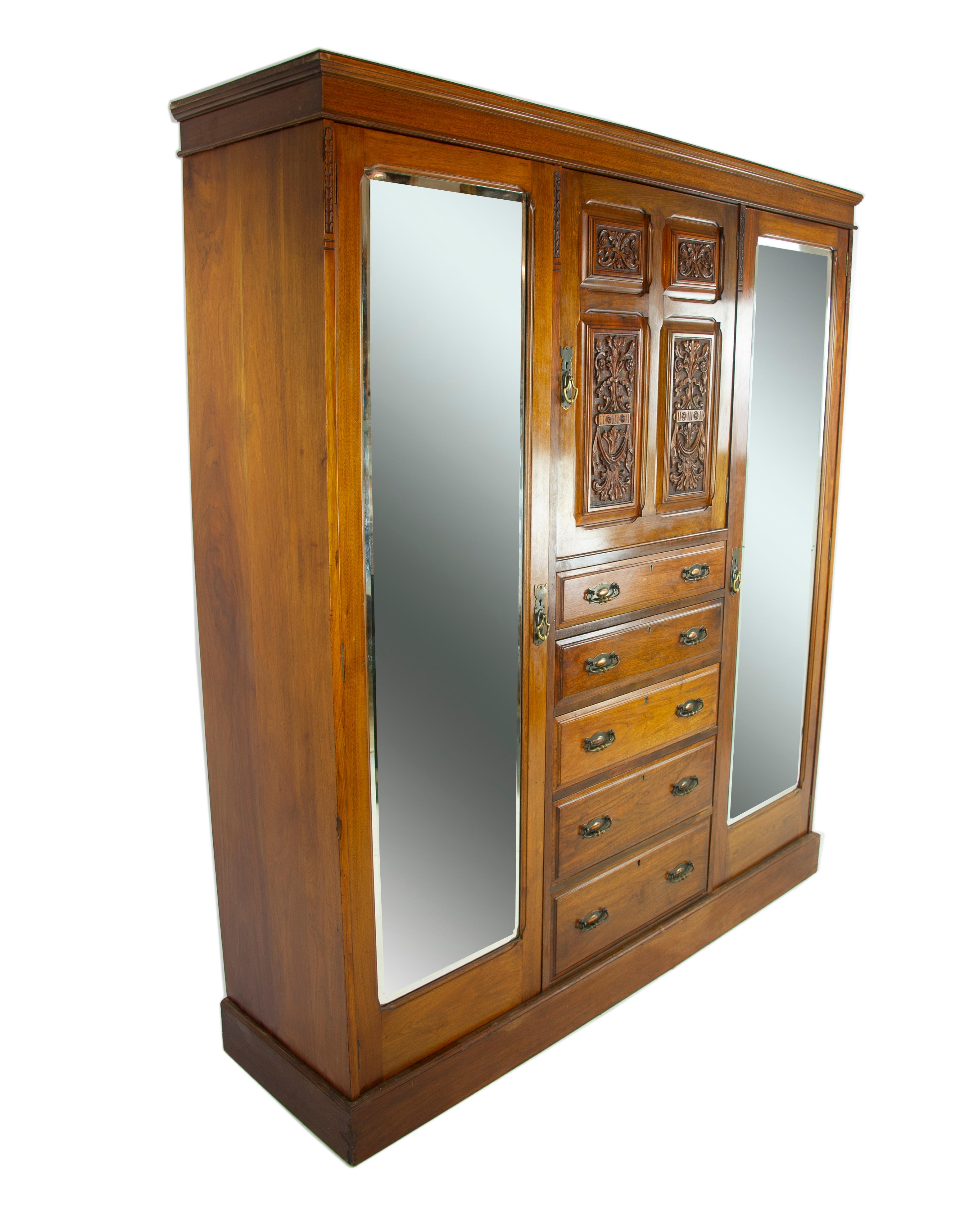 Scottish Antique Furniture Armoire, Victorian, Carved Walnut Wardrobe, 1880, B1229
