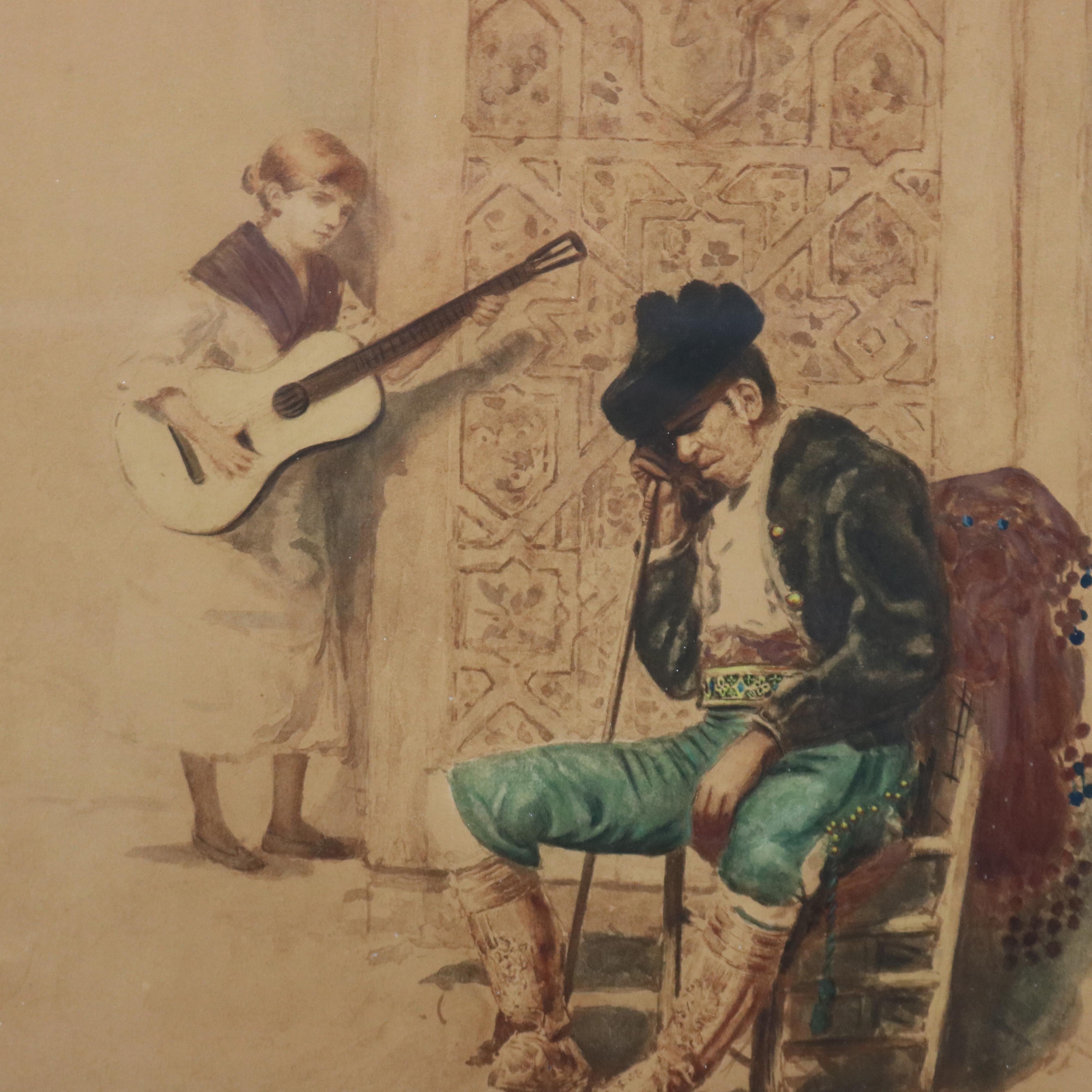 An antique Spanish print depicts Spaniard Siesta with girl playing guitar, signed G Ferris, matted and framed, c1888

Measures - 27