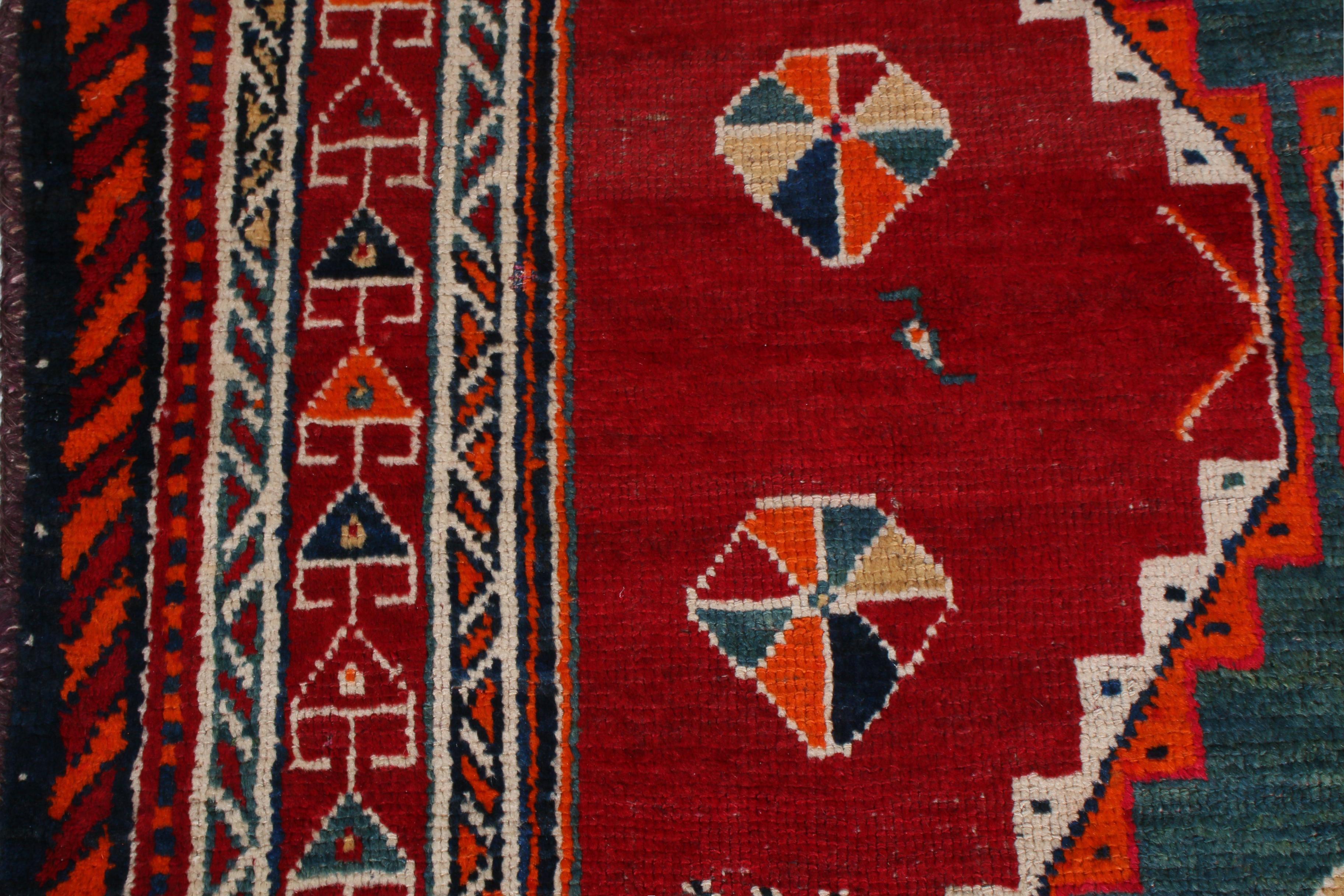 Tribal Antique Gabbeh Geometric Red and Blue Wool Persian Rug by Rug & Kilim For Sale