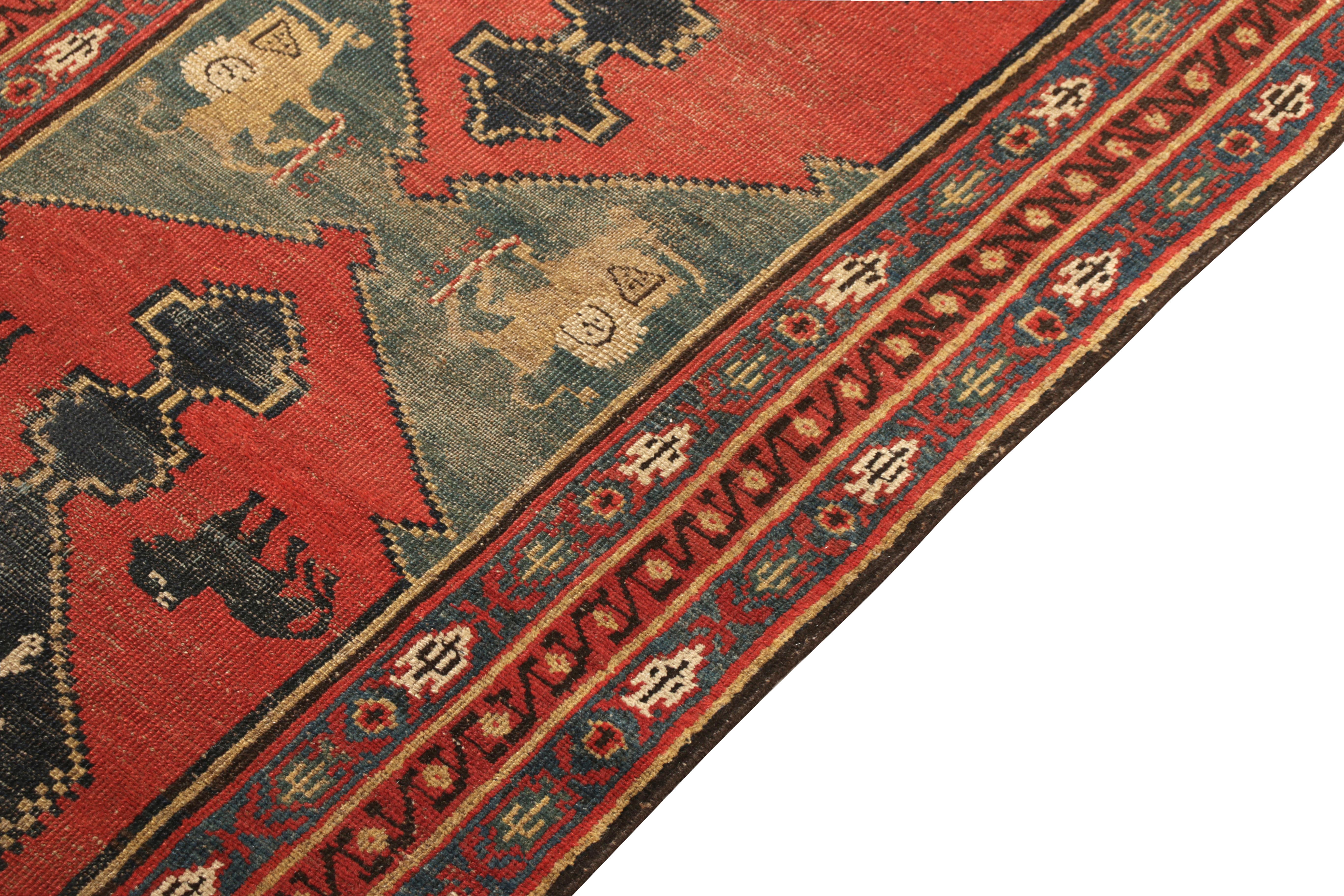 Tribal Antique Gabbeh Red Blue Pictorial Wool Northwest Persian Runner by Rug & Kilim For Sale