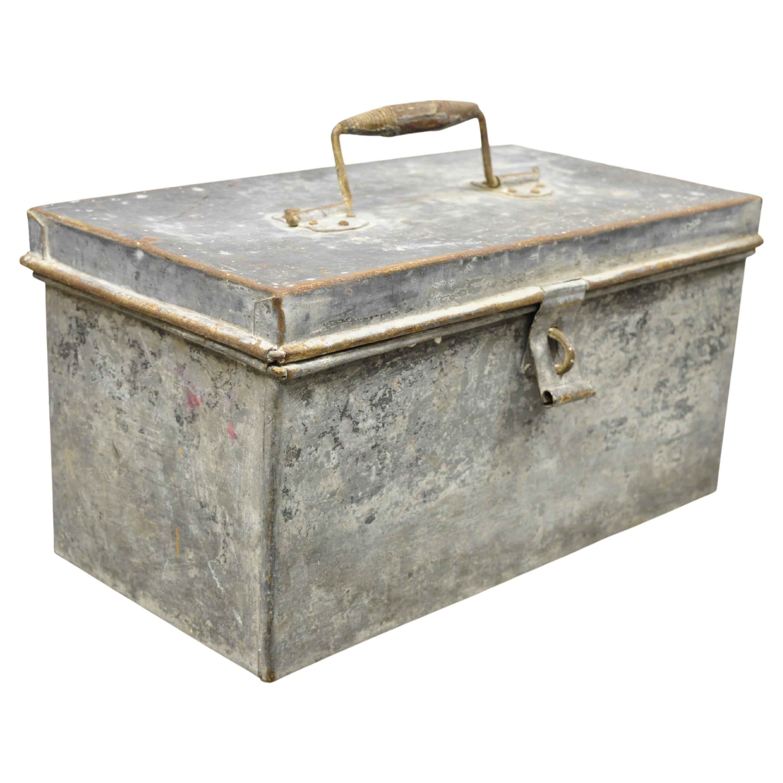Antique Galvanized Steel Metal Rustic Tool Box with Handle