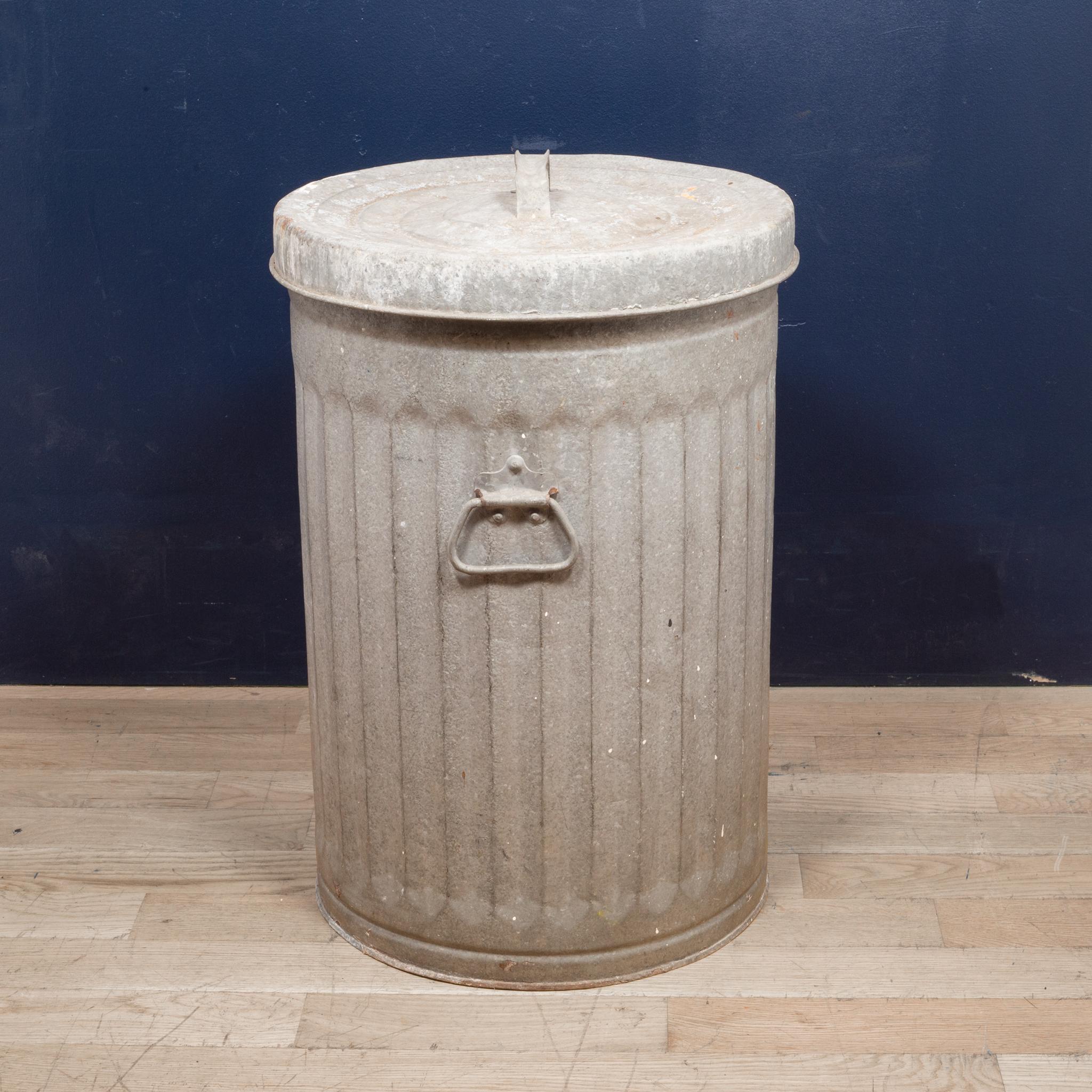 Industrial Antique Galvanized Steel Trash Can, circa 1940-1950