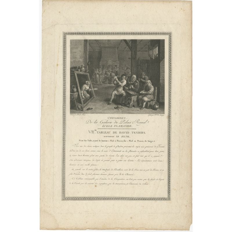 Antique print titled 'L'Estaminet de la Galerie du Palais Royal (..)'. Original antique print of an interior of an inn with peasants playing cards in right foreground, a waitress appearing out of the basement kitchen at left, others smoking in