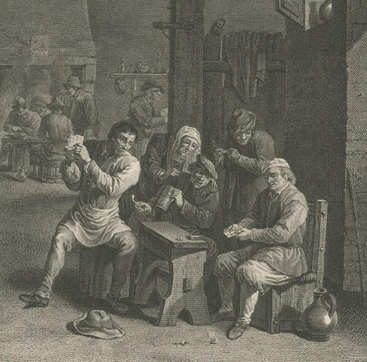 Impression ancienne de jeu d'échecs d'une auberge avec des paysans jouant aux cartes, vers 1808 Bon état - En vente à Langweer, NL