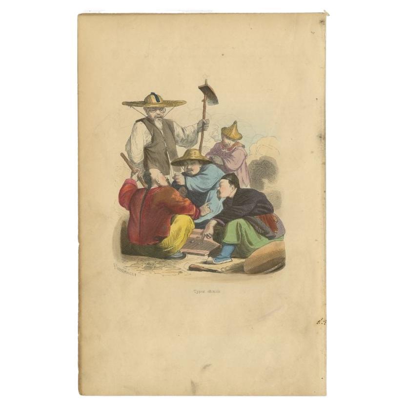 Antique costume print titled 'Types Chinois'. Original antique print of Chinese men playing a game of dice. This print originates from 'Moeurs, usages et costumes de tous les peuples du monde' by Auguste Wahlen.

Artists and Engravers: Auguste