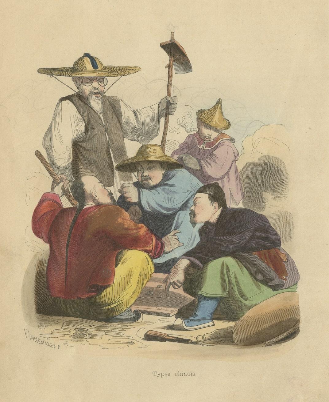Impression ancienne de jeu d'échecs d'hommes chinois jouant au jeu de dés, 1843