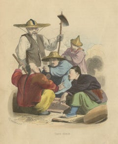 Antiker Gambling-Druck von chinesischen Männern, die ein Spitzenspiel spielen, 1843