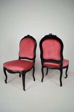 Antique Game Table and Two Chairs Set, Ebonised Wood, France, Napoleon III Style