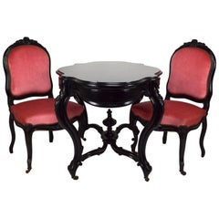 Antique Game Table and Two Chairs Set, Ebonised Wood, France, Napoleon III Style
