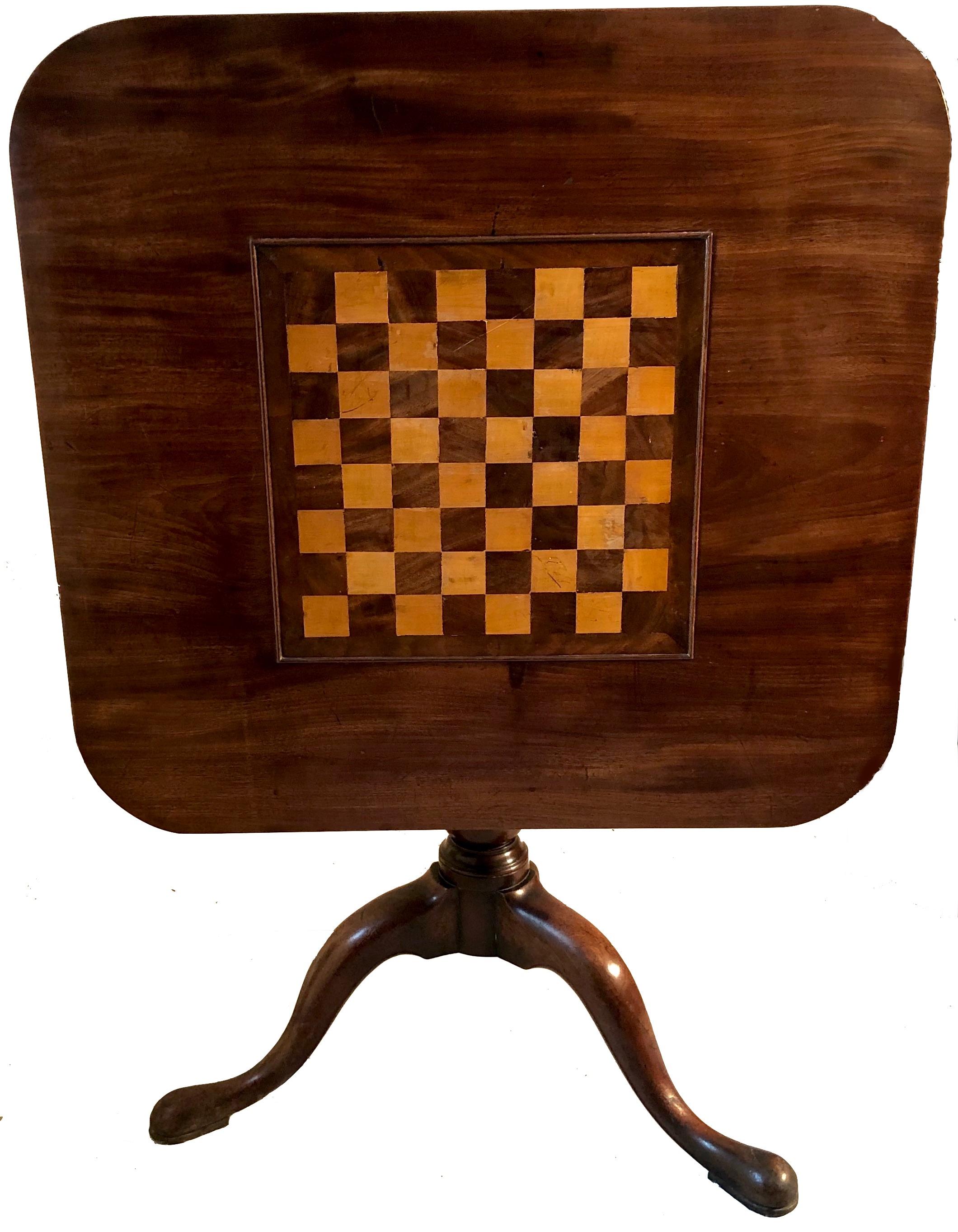 George III Antique Game Table Chessboard Birdcage Mahogany Satinwood Tripod England For Sale