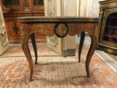 Antique Game Table, Opening, Inlaid in Brass and Tortoise, 1850, Italy
