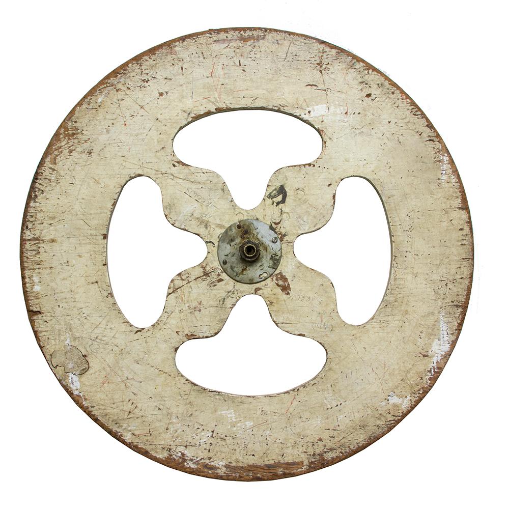 This early 20th century game wheel has appliquéd birds at the center and hand painted numbering around the edge.