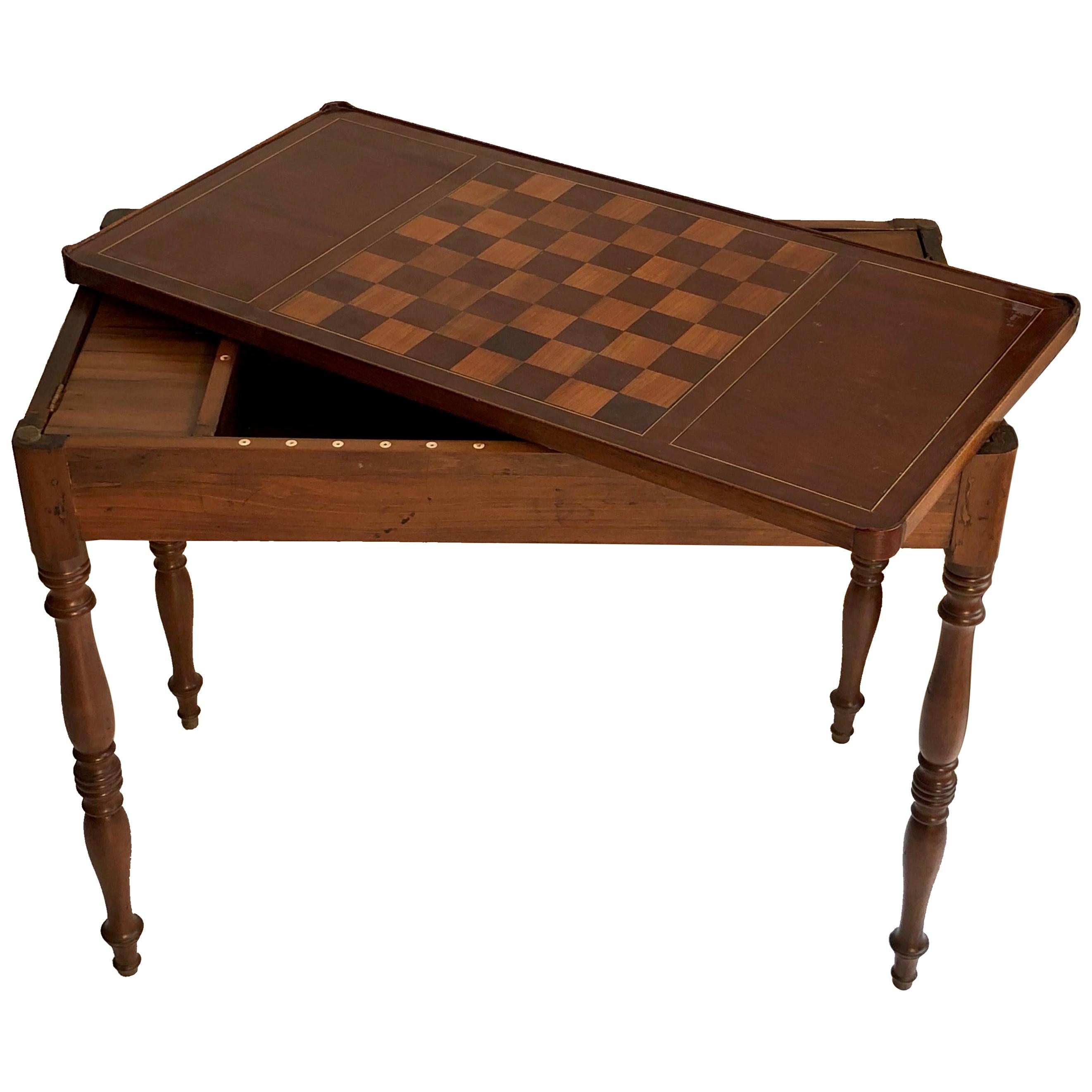 Antique Game Writing Table Chess Backgammon Walnut Mahogany Leather, France