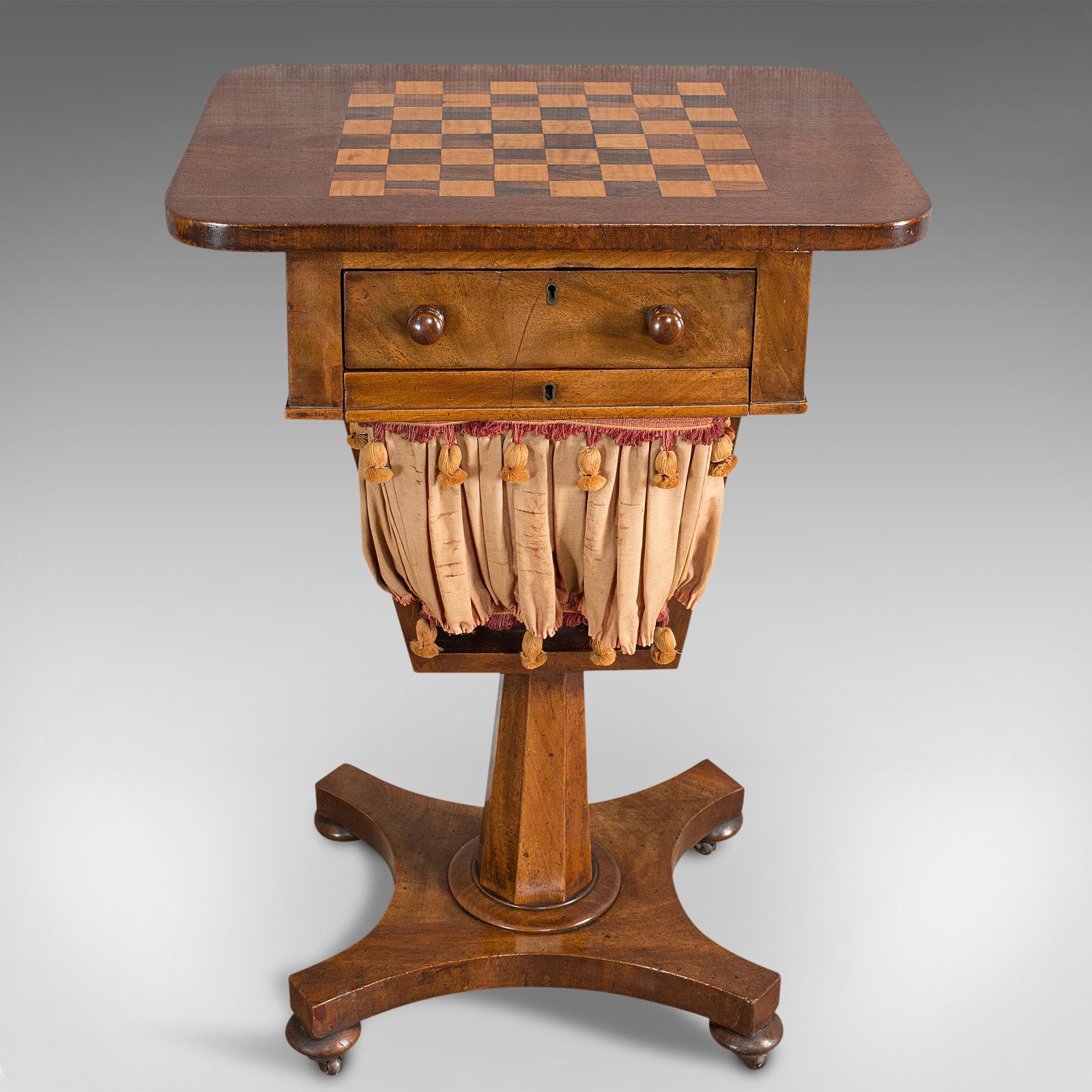 This is an antique games table. An English, mahogany chess table or workstation, dating to the Victorian period, circa 1860.

Fine detail and Victorian appeal
Displaying a desirable aged patina
Mahogany shows fine grain interest
Rich hues to
