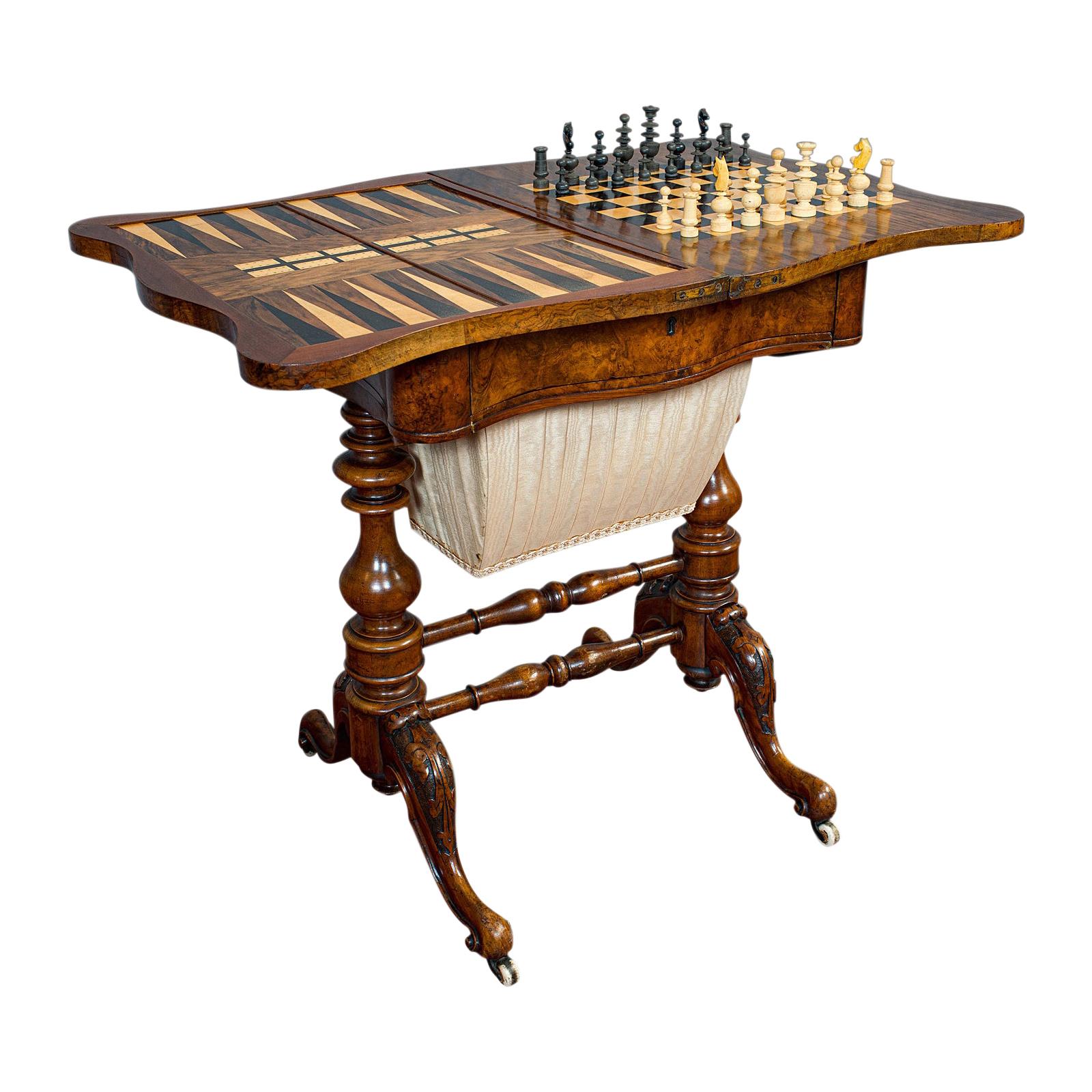 Antique Games Table, English, Walnut, Burr, Chess, Backgammon, Victorian