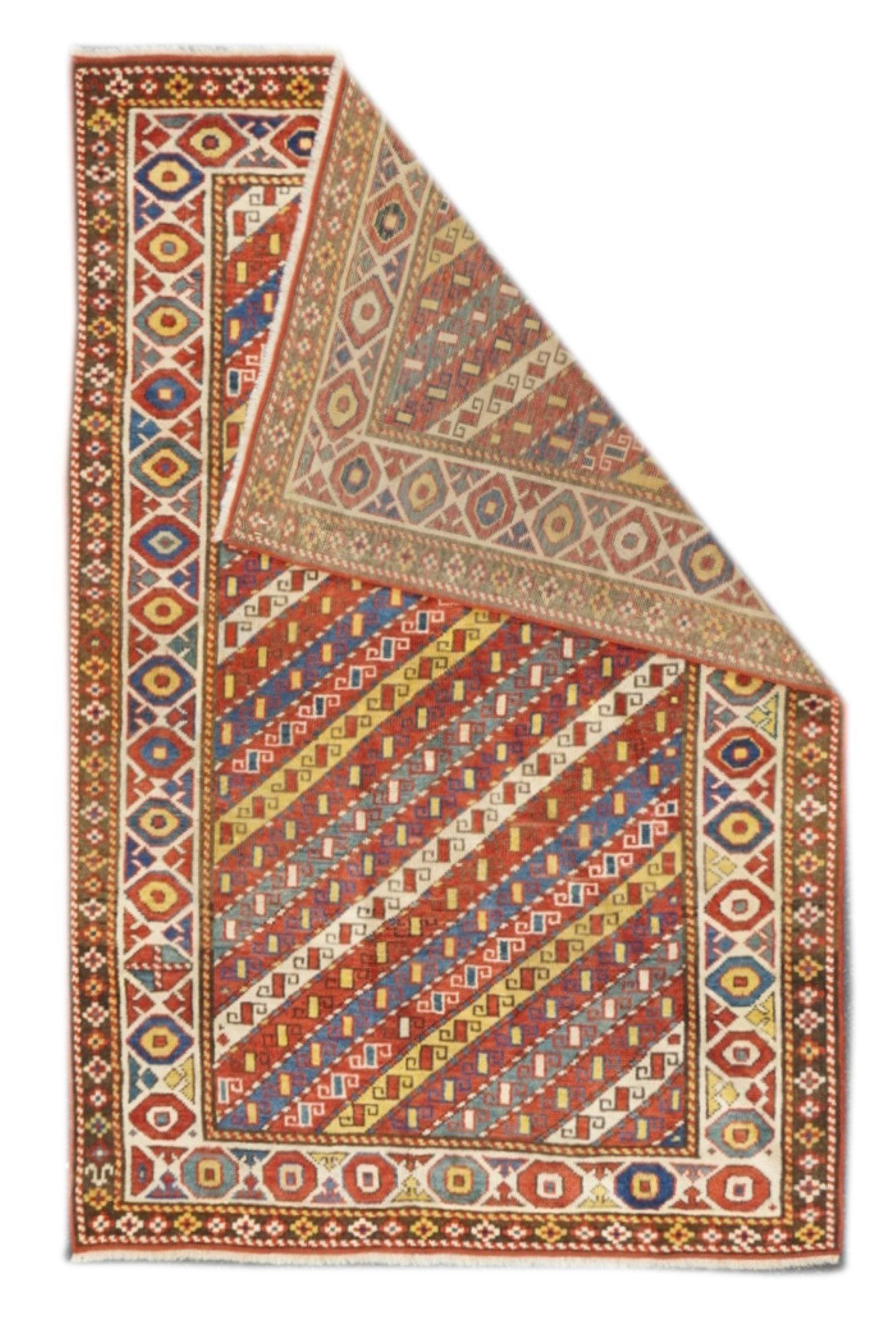 Antique Ganje Kazak Rug 3'11'' x 5'11''. SW Caucasus/Armenia. Boldly patterned, strongly colored, totally geometric, all wool, coarse to moderate weave, medium to long pile, scatter format pieces, in medallion, allover and prayer (directional)