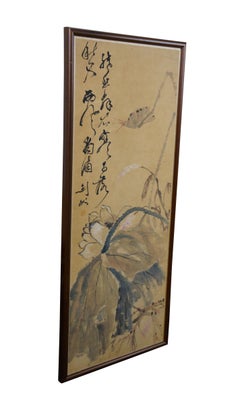 Antique Gao Jianfu Chinese Autumn Dragonfly Lotus Watercolor Scroll Painting 40"